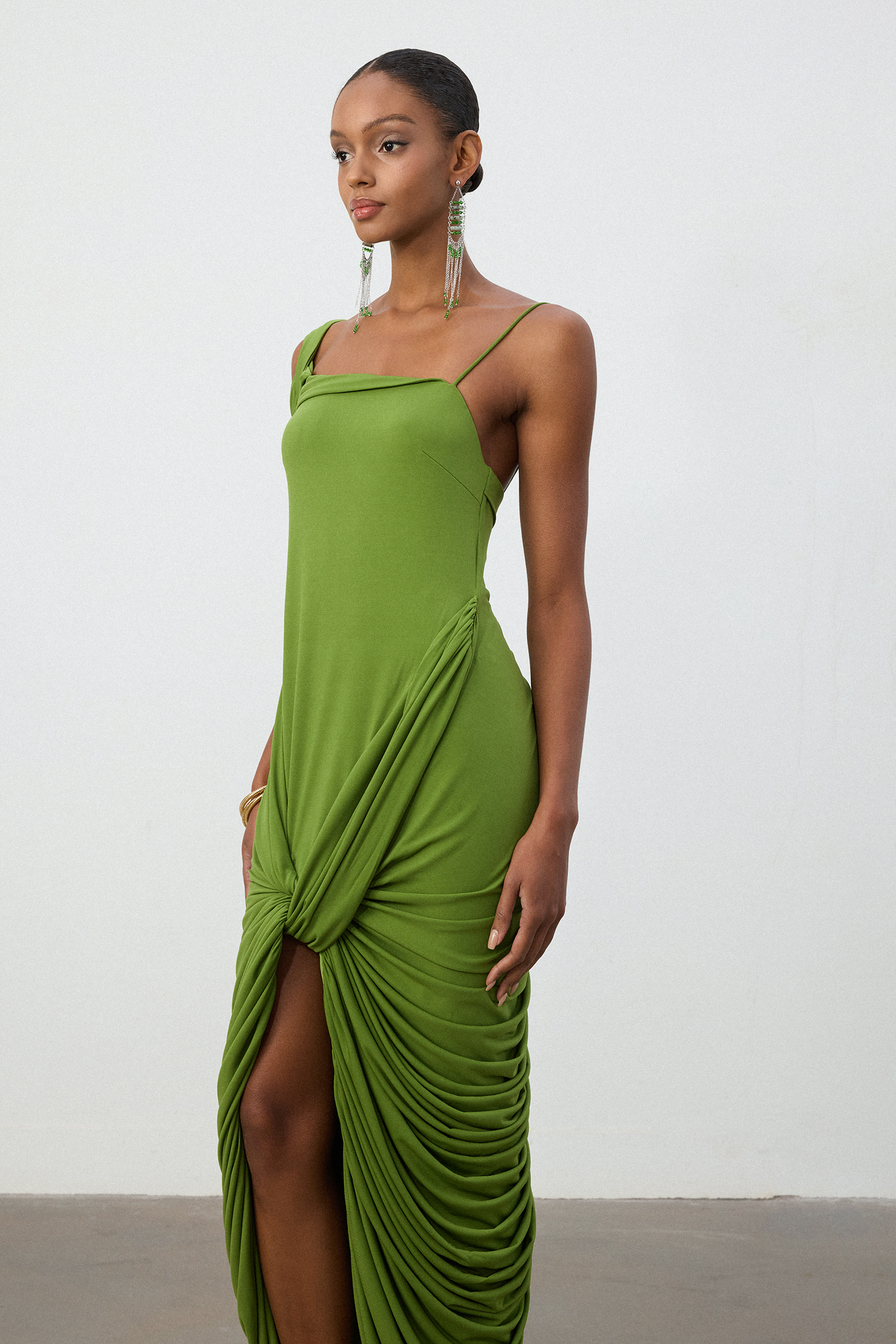 Lime Green One-Shoulder Ruched Twist Midi Dress