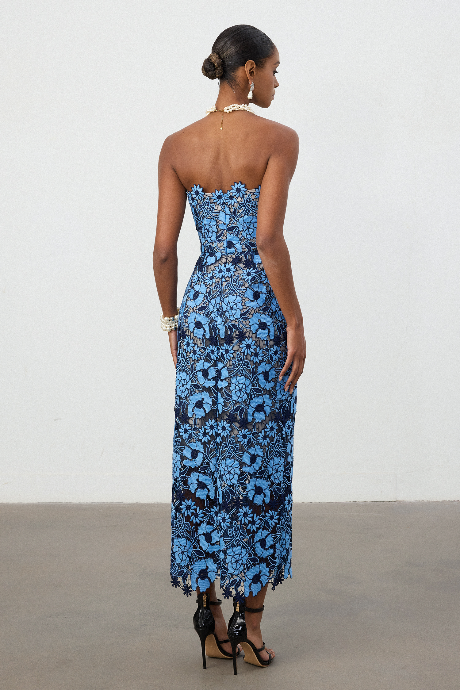 Cobalt Blue Floral Strapless Column Midi Dress