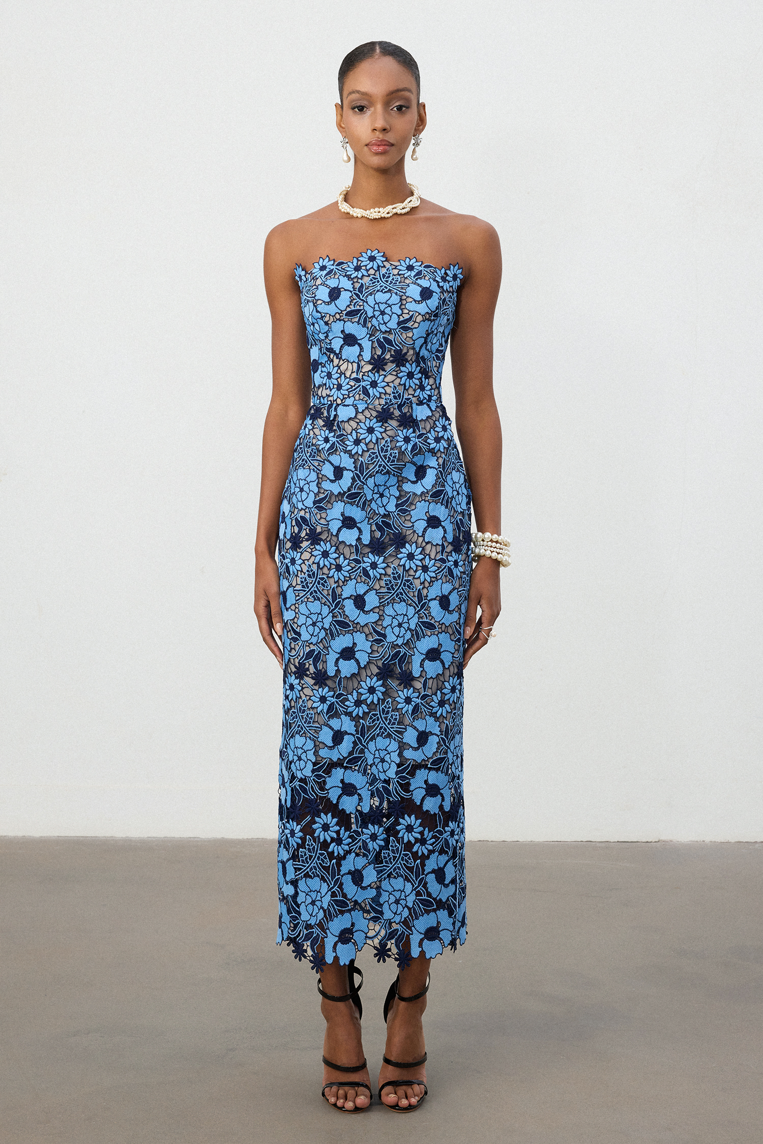Cobalt Blue Floral Strapless Column Midi Dress