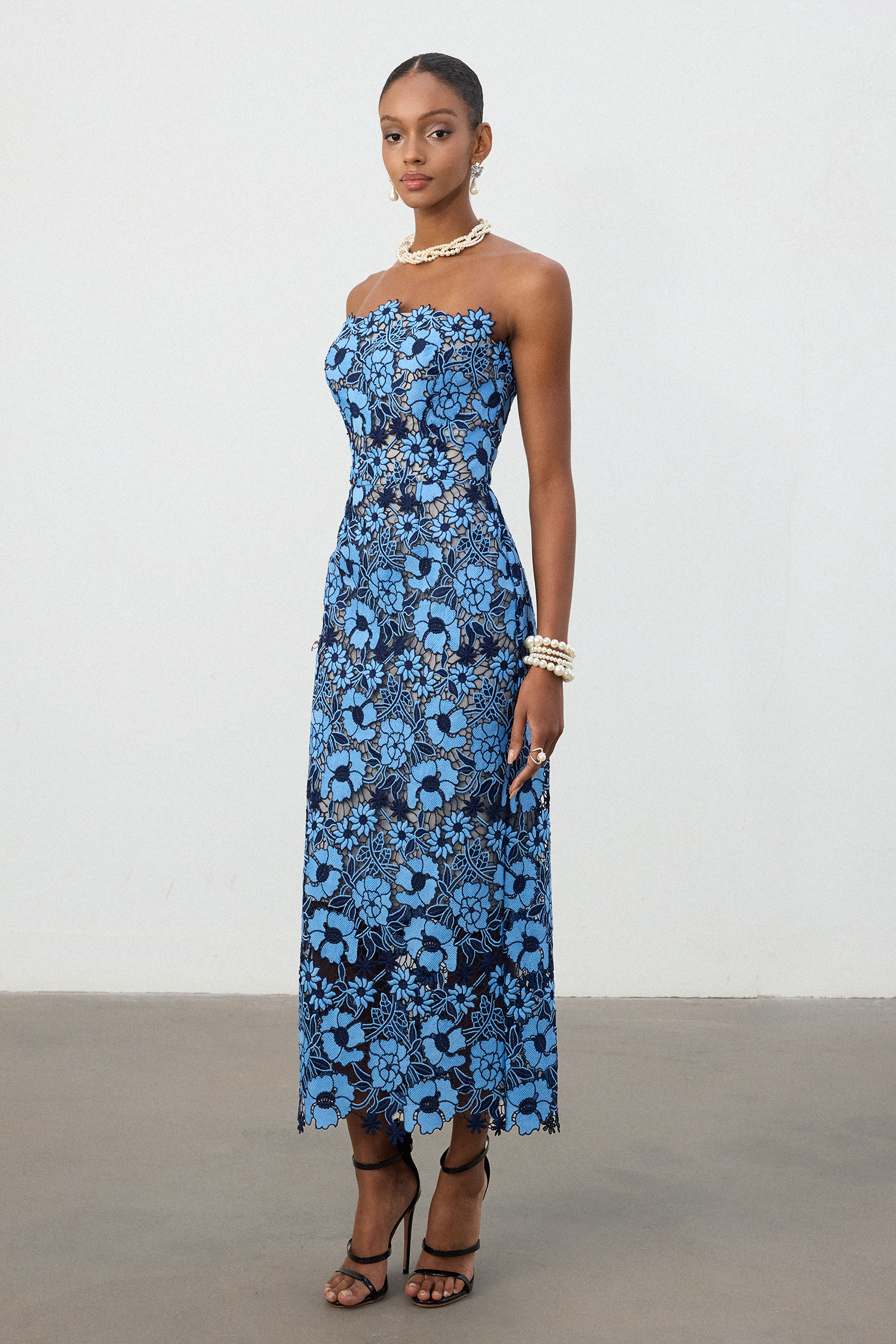Cobalt Blue Floral Strapless Column Midi Dress
