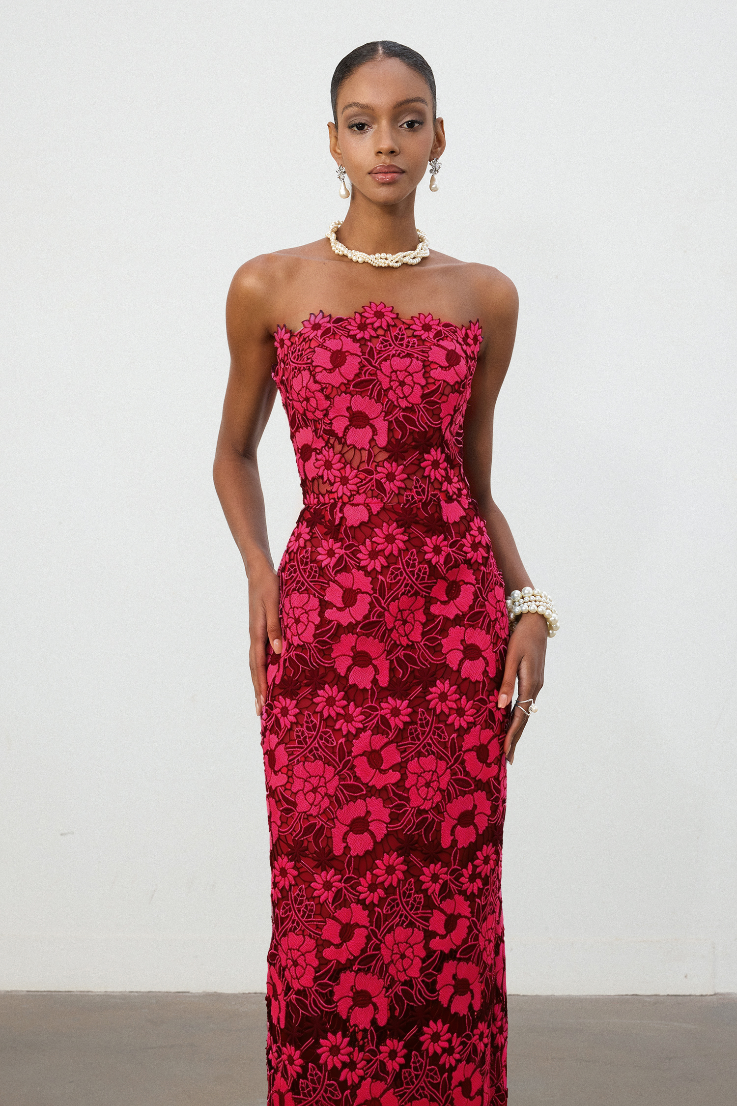Cobalt Red Floral Lace Strapless Column Midi Dress