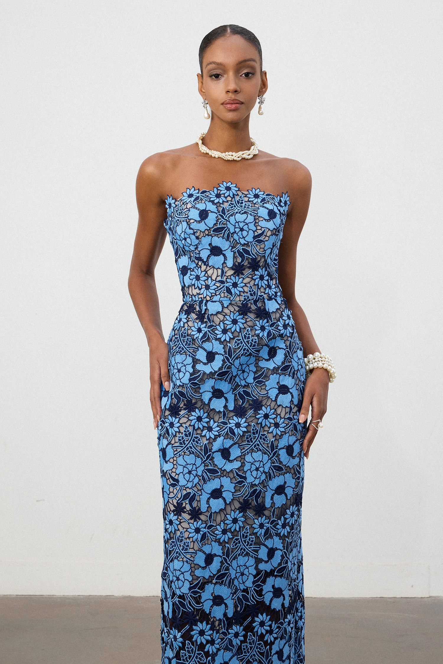 Cobalt Blue Floral Strapless Column Midi Dress