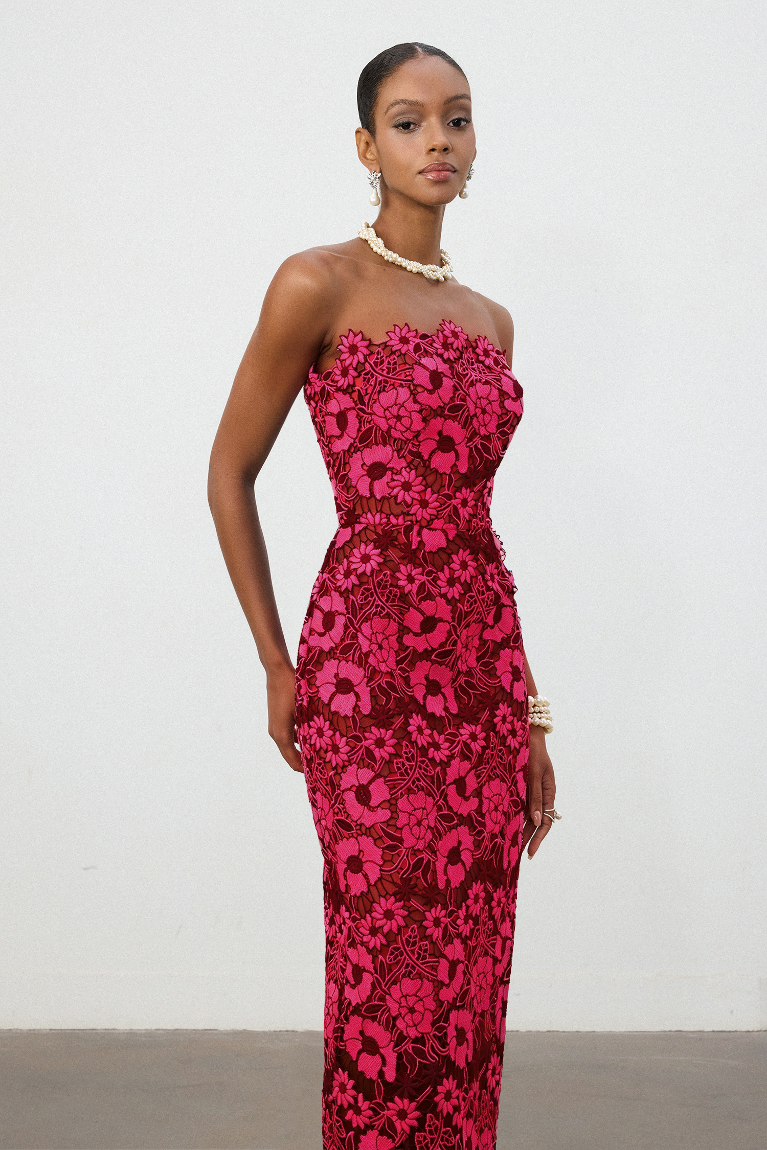 Cobalt Red Floral Lace Strapless Column Midi Dress