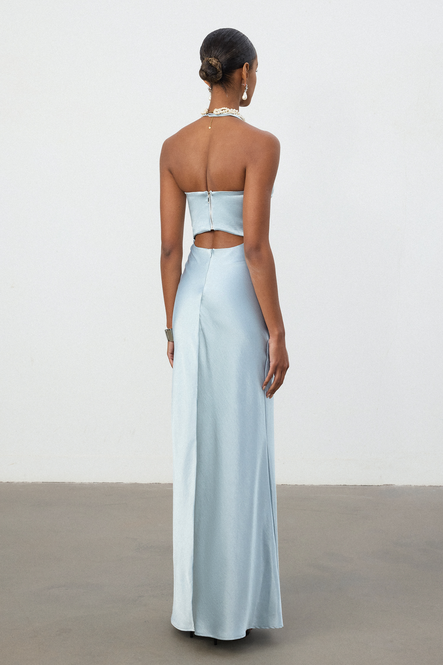 Sky Blue Satin Halter Cutout Column Gown