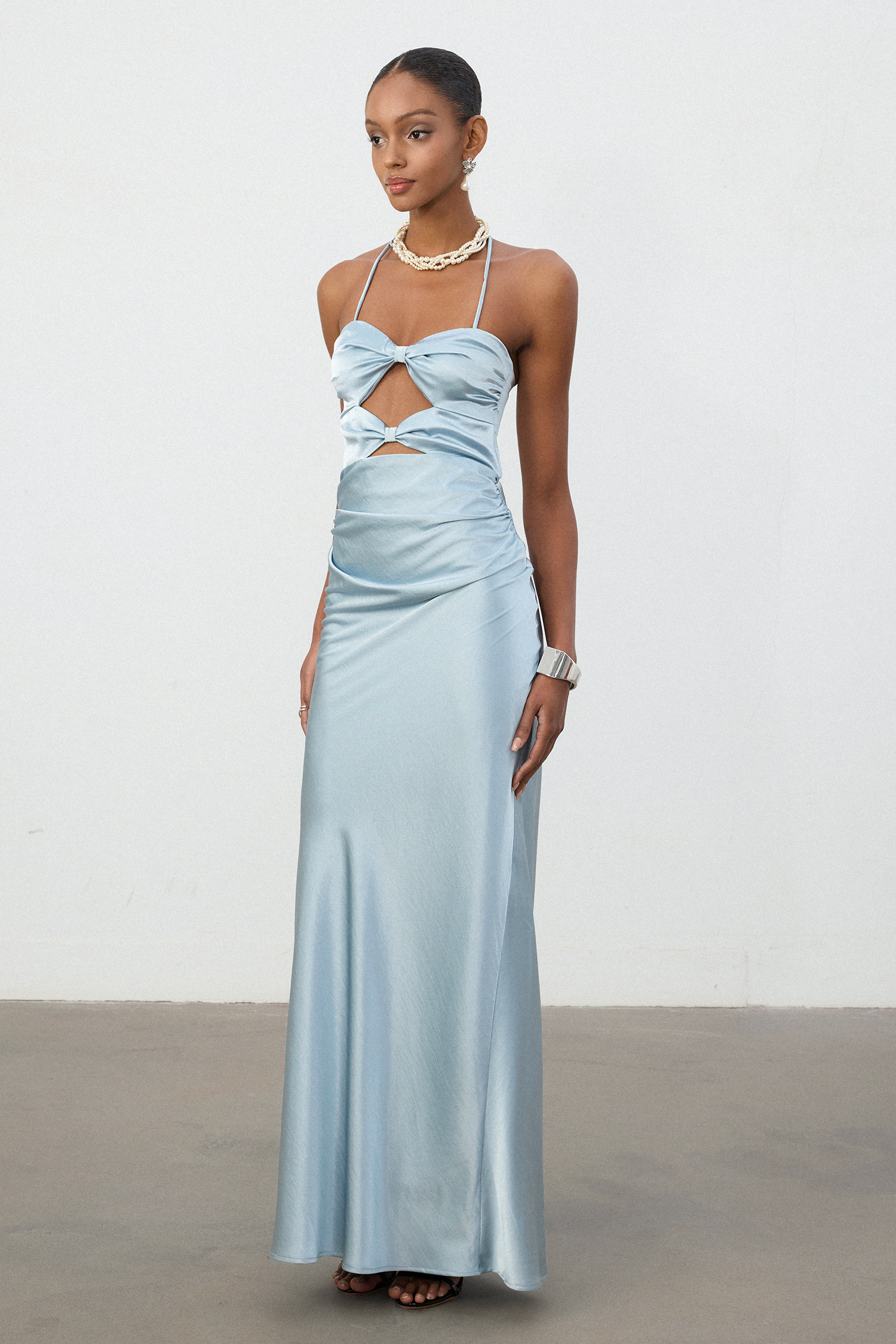 Sky Blue Satin Halter Cutout Column Gown