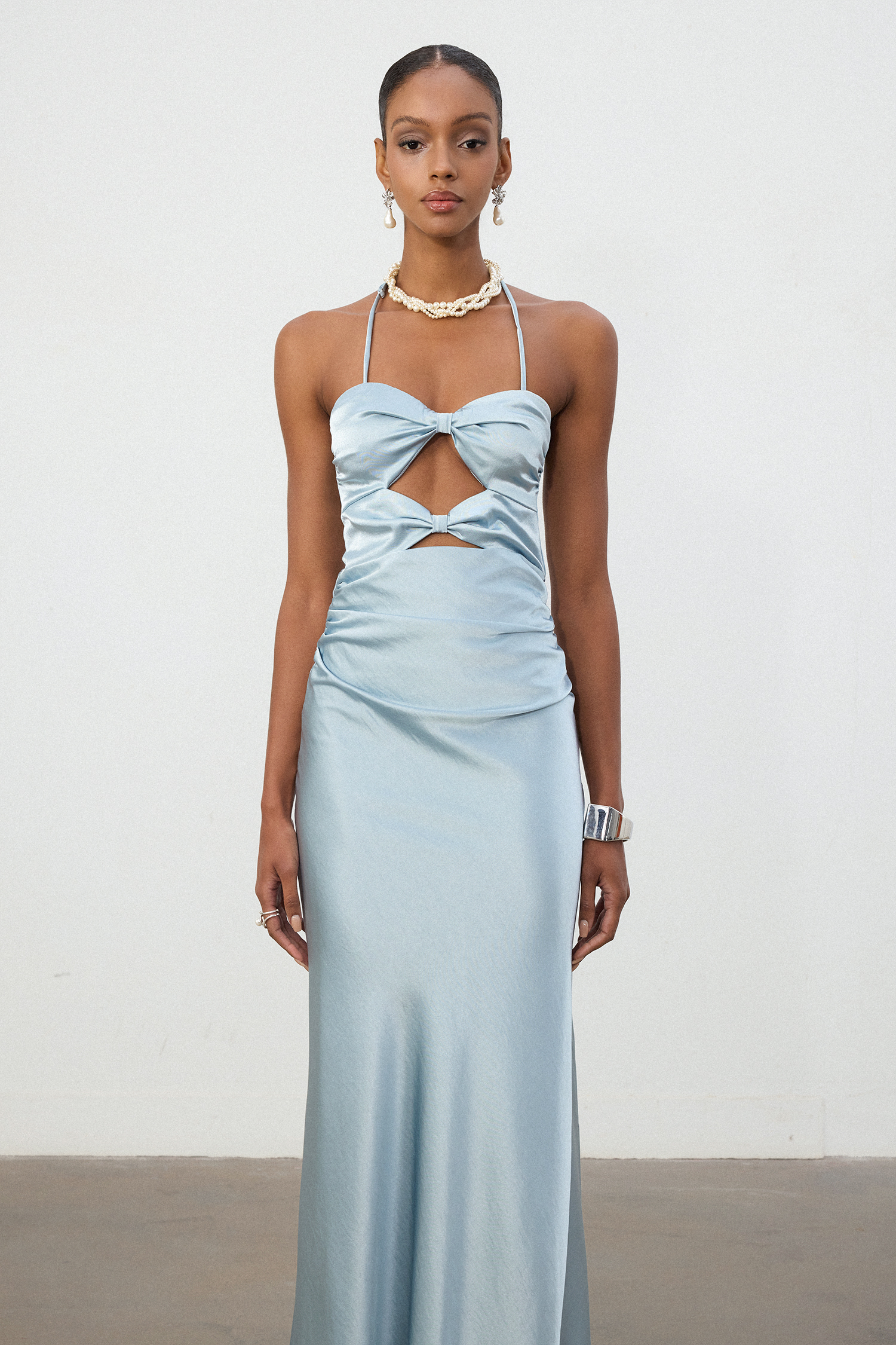 Sky Blue Satin Halter Cutout Column Gown
