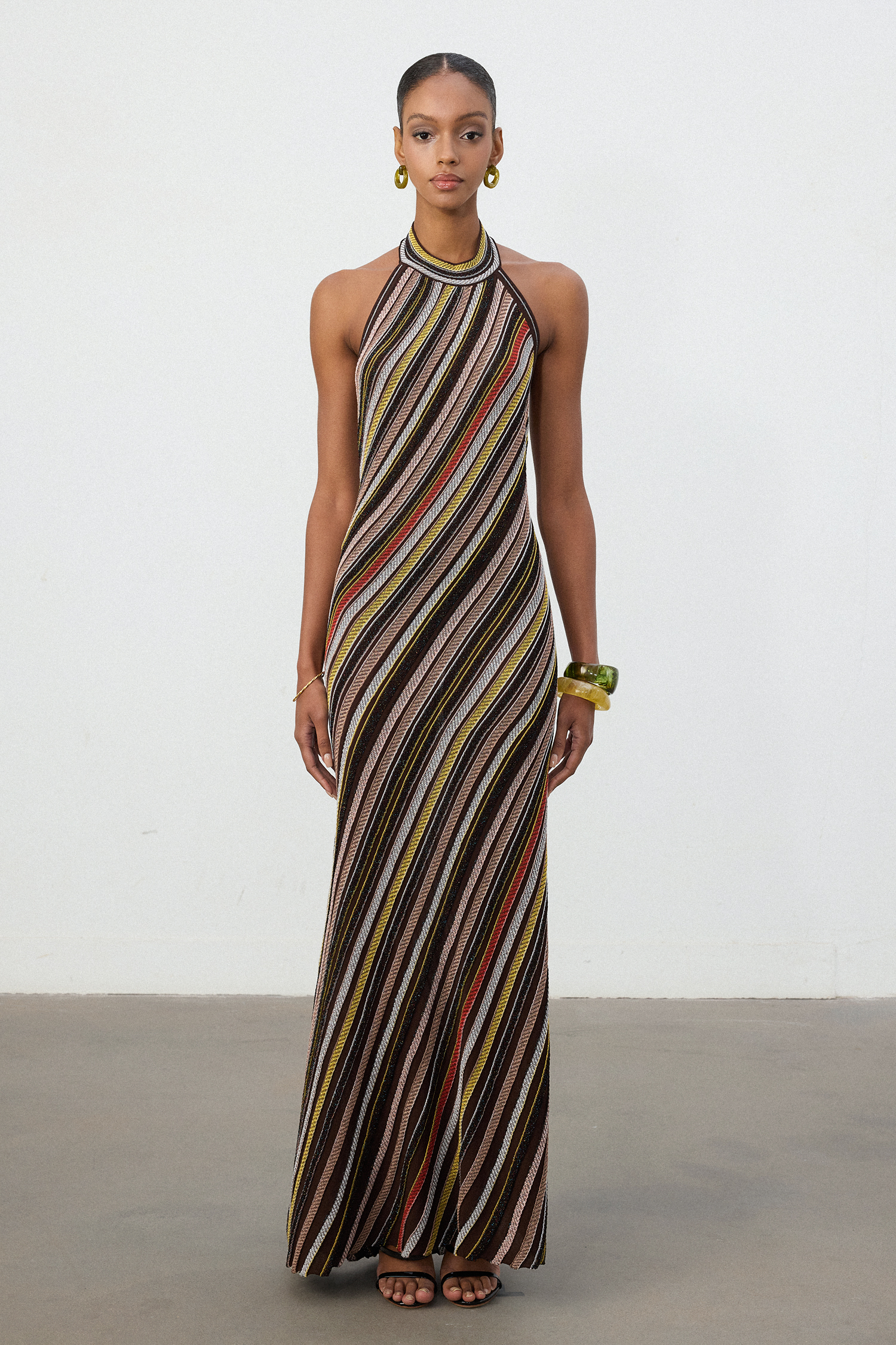 Multi-Stripe Halter Neck Knit Maxi Dress
