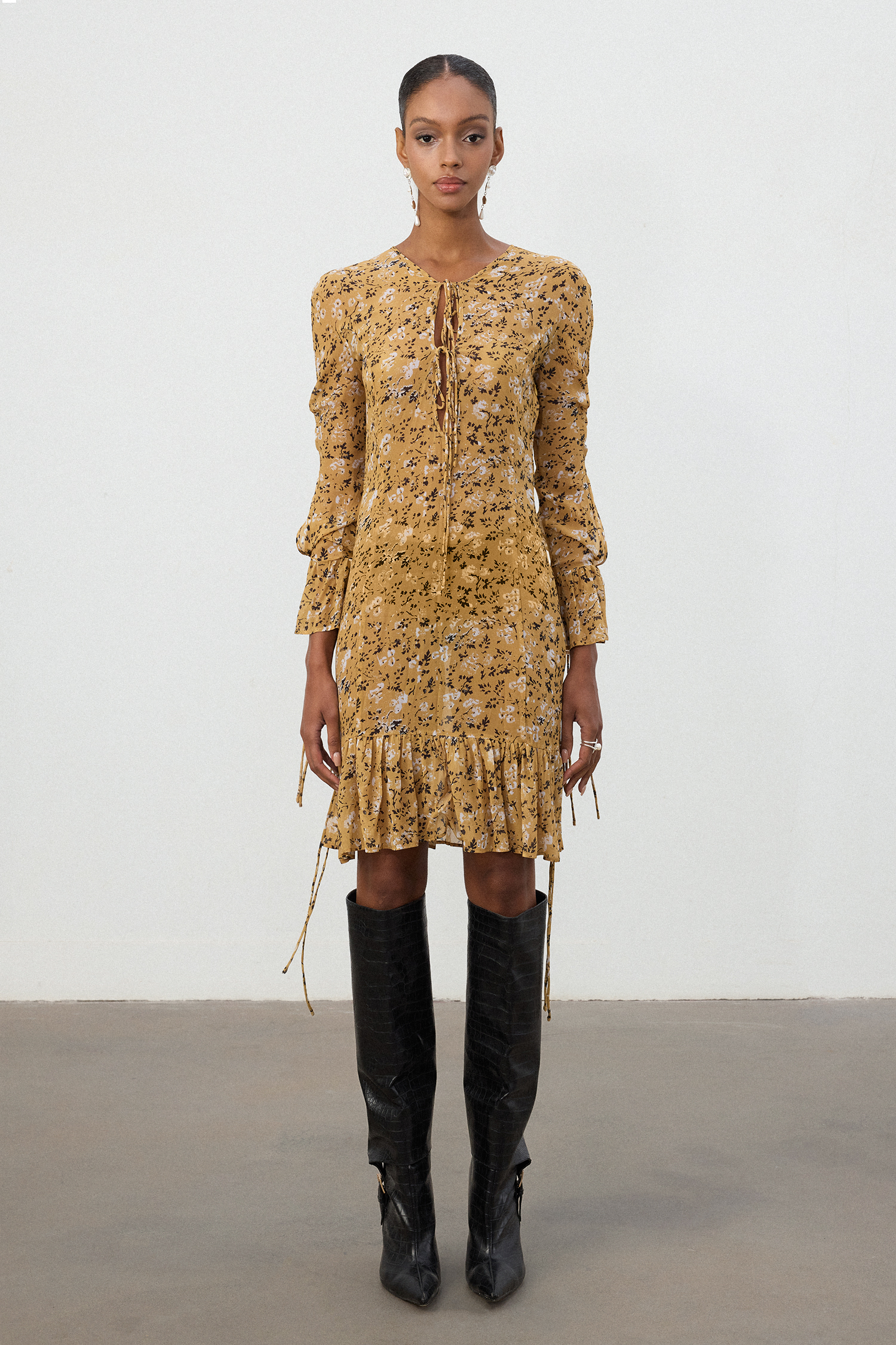 Honey Gold Floral Ruffled Mini Dress