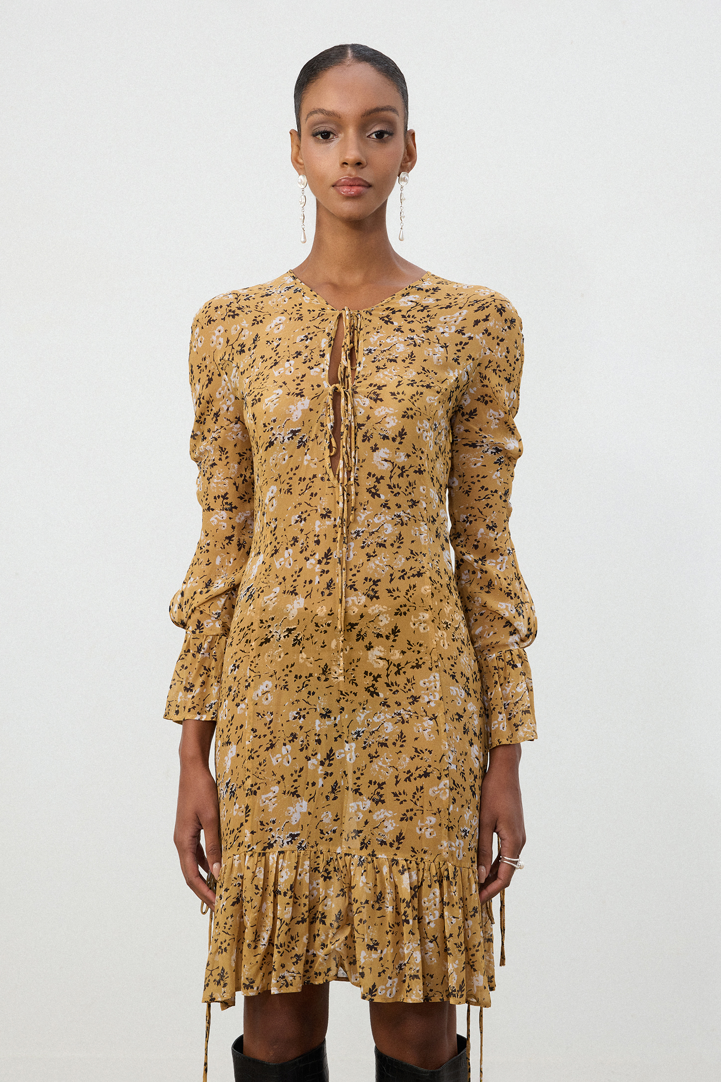 Honey Gold Floral Ruffled Mini Dress