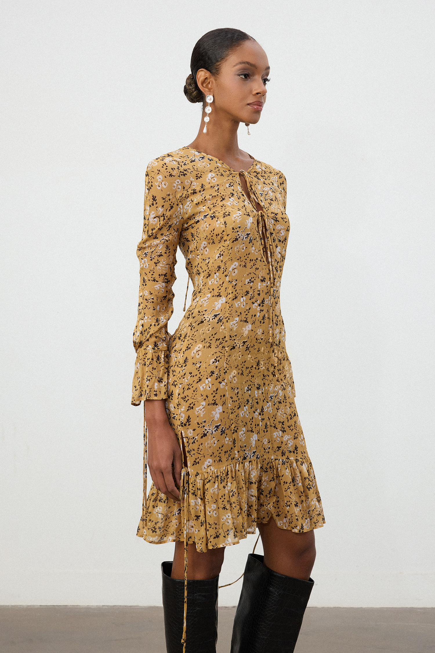 Honey Gold Floral Ruffled Mini Dress