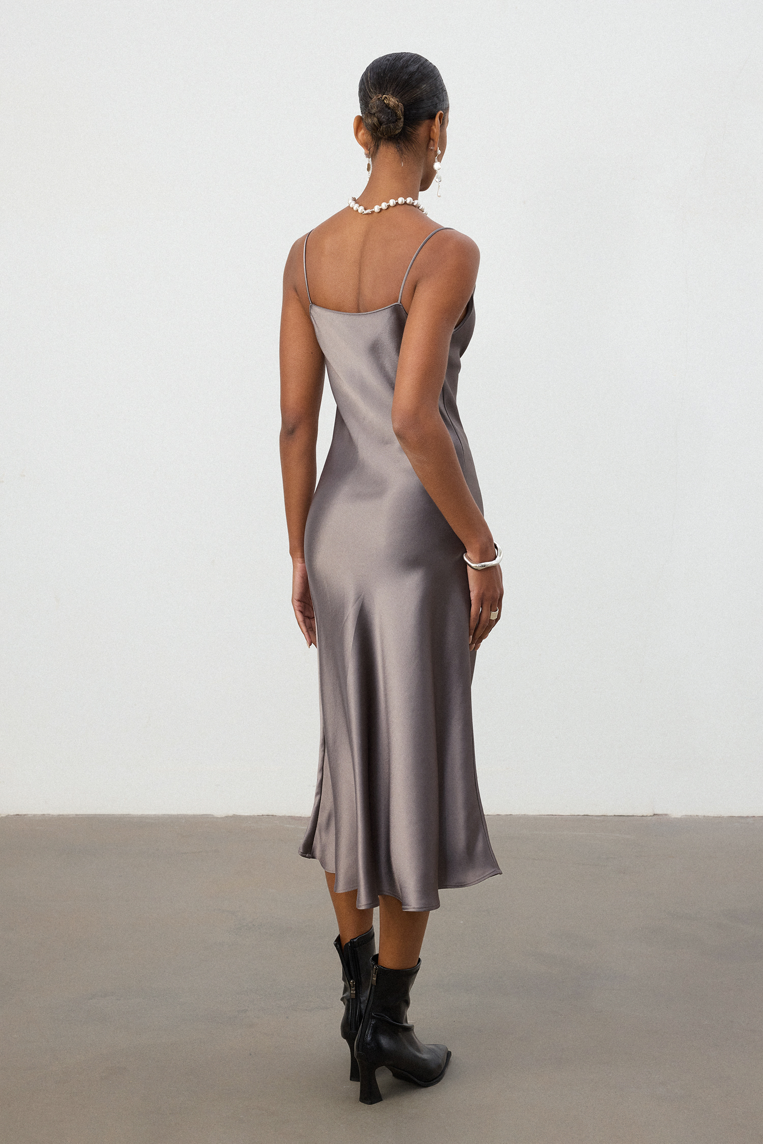 Gunmetal Grey Satin Cowl Neck Slip Midi Dress