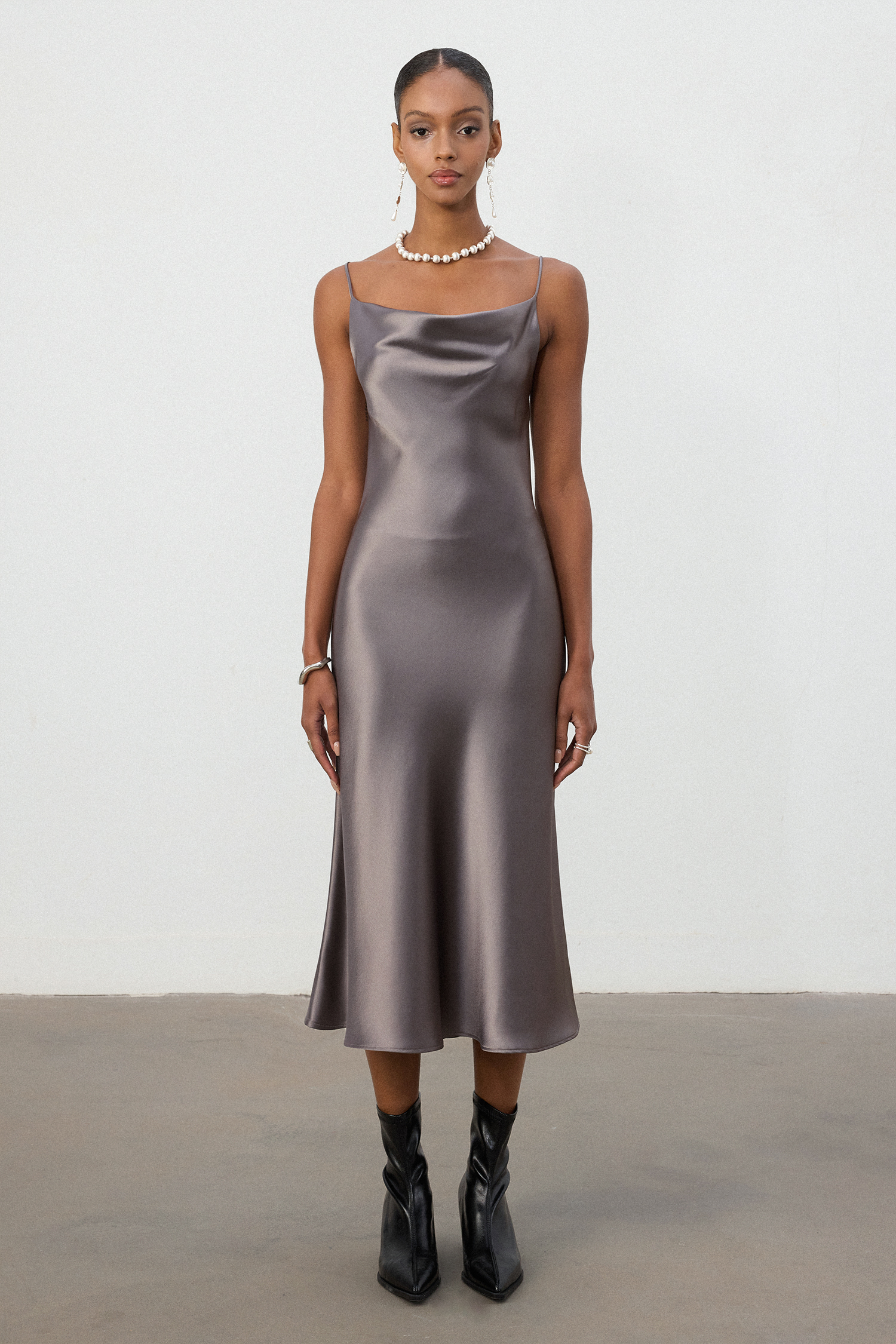 Gunmetal Grey Satin Cowl Neck Slip Midi Dress