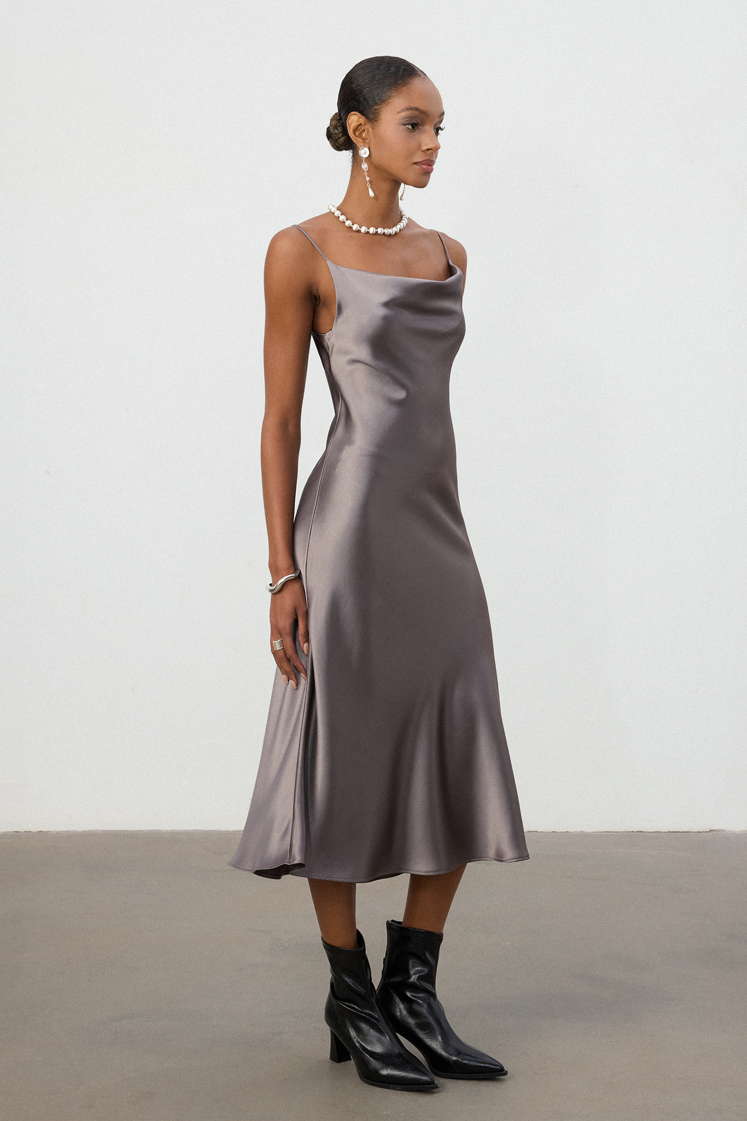 Gunmetal Grey Satin Cowl Neck Slip Midi Dress