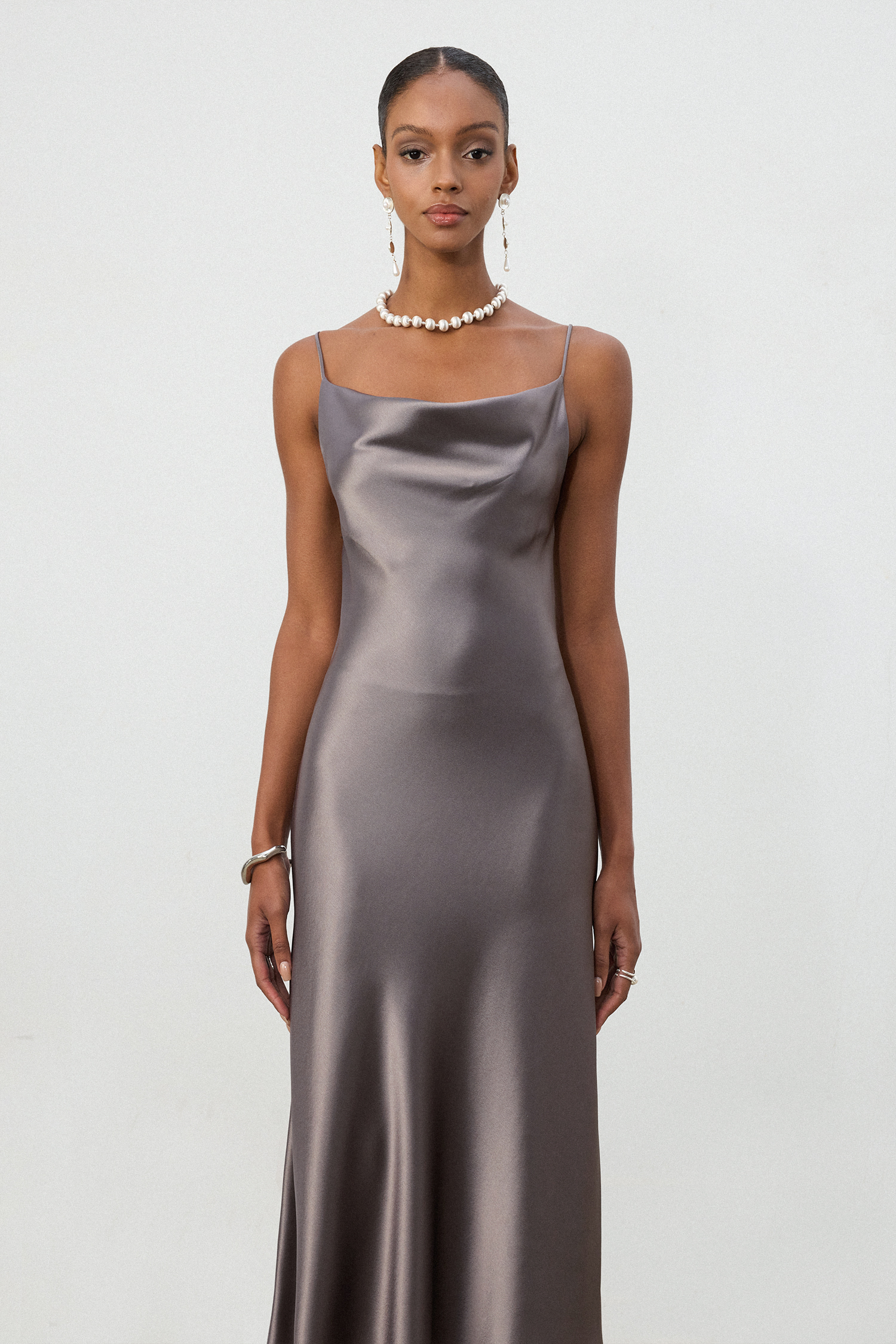 Gunmetal Grey Satin Cowl Neck Slip Midi Dress