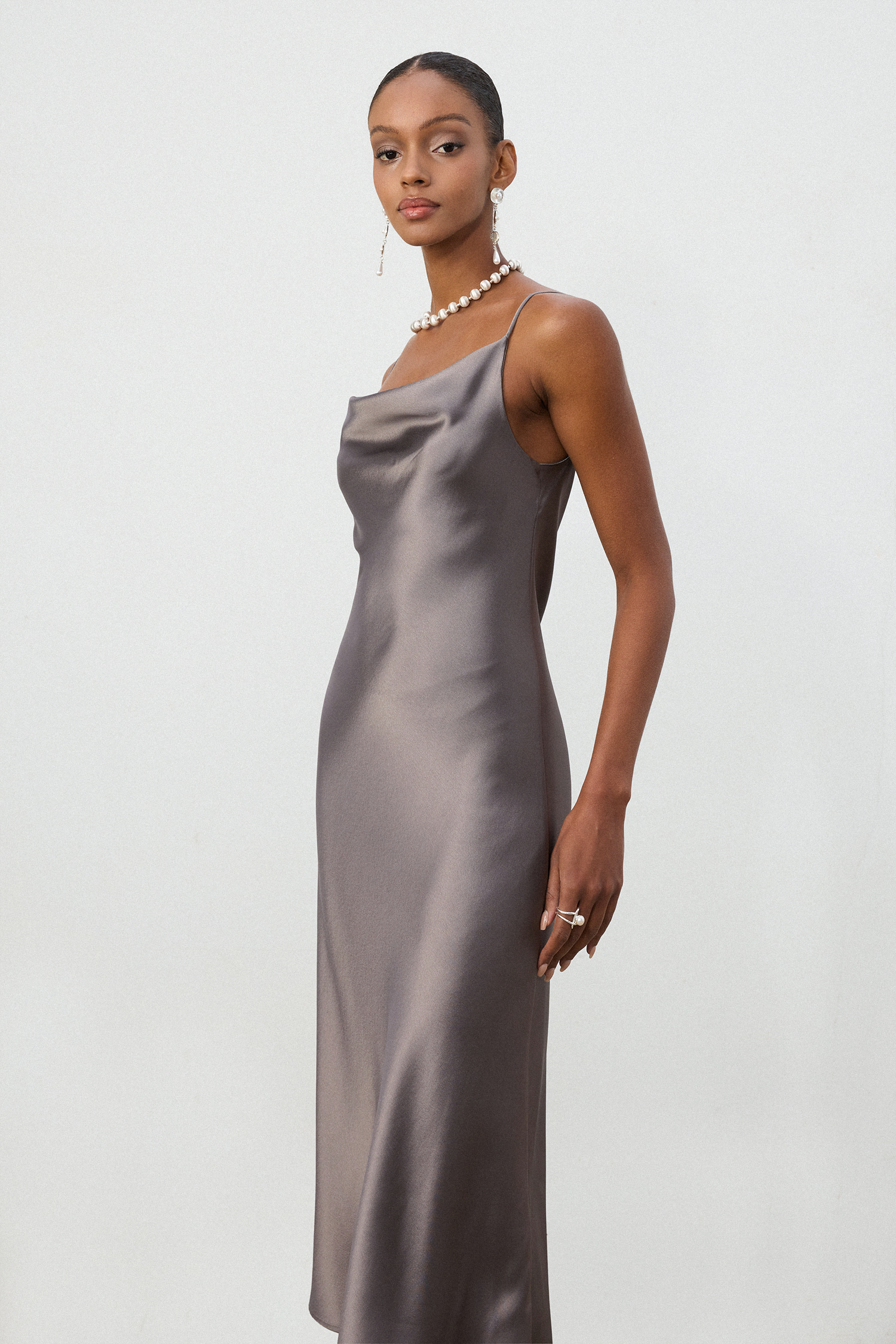 Gunmetal Grey Satin Cowl Neck Slip Midi Dress