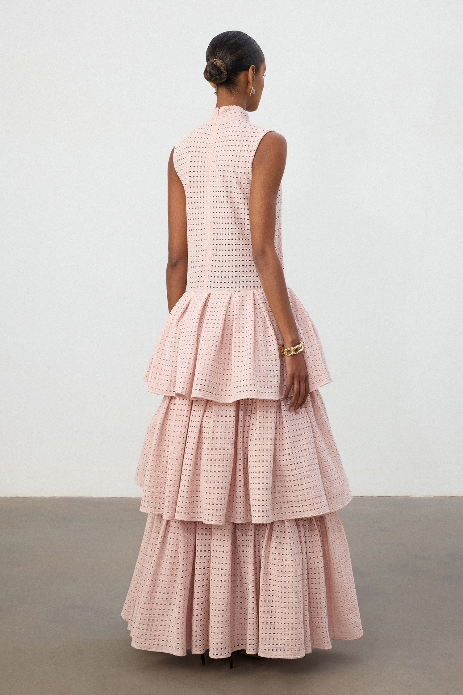 Blush Pink Grid Lace Tiered Ruffle Gown