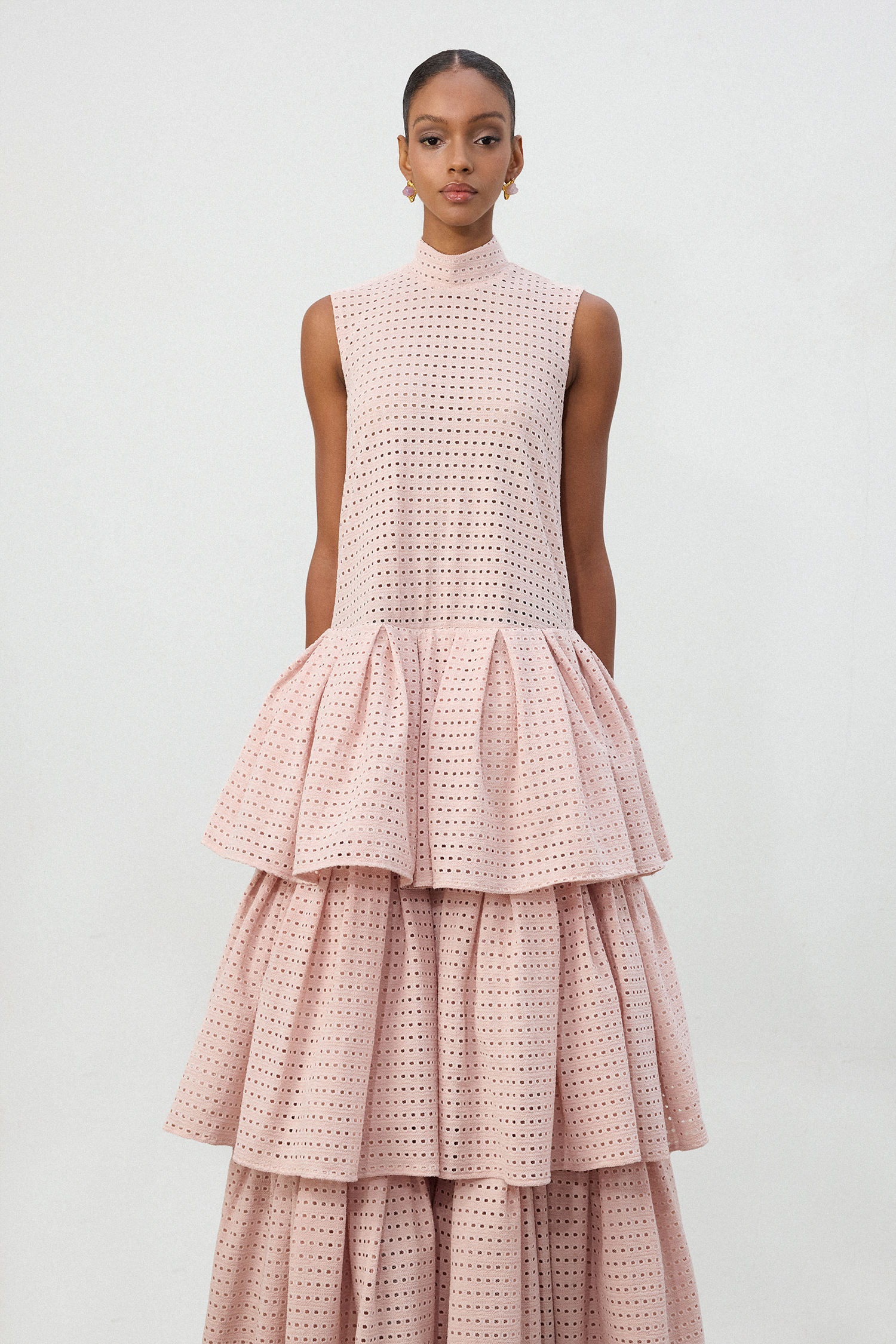 Blush Pink Grid Lace Tiered Ruffle Gown