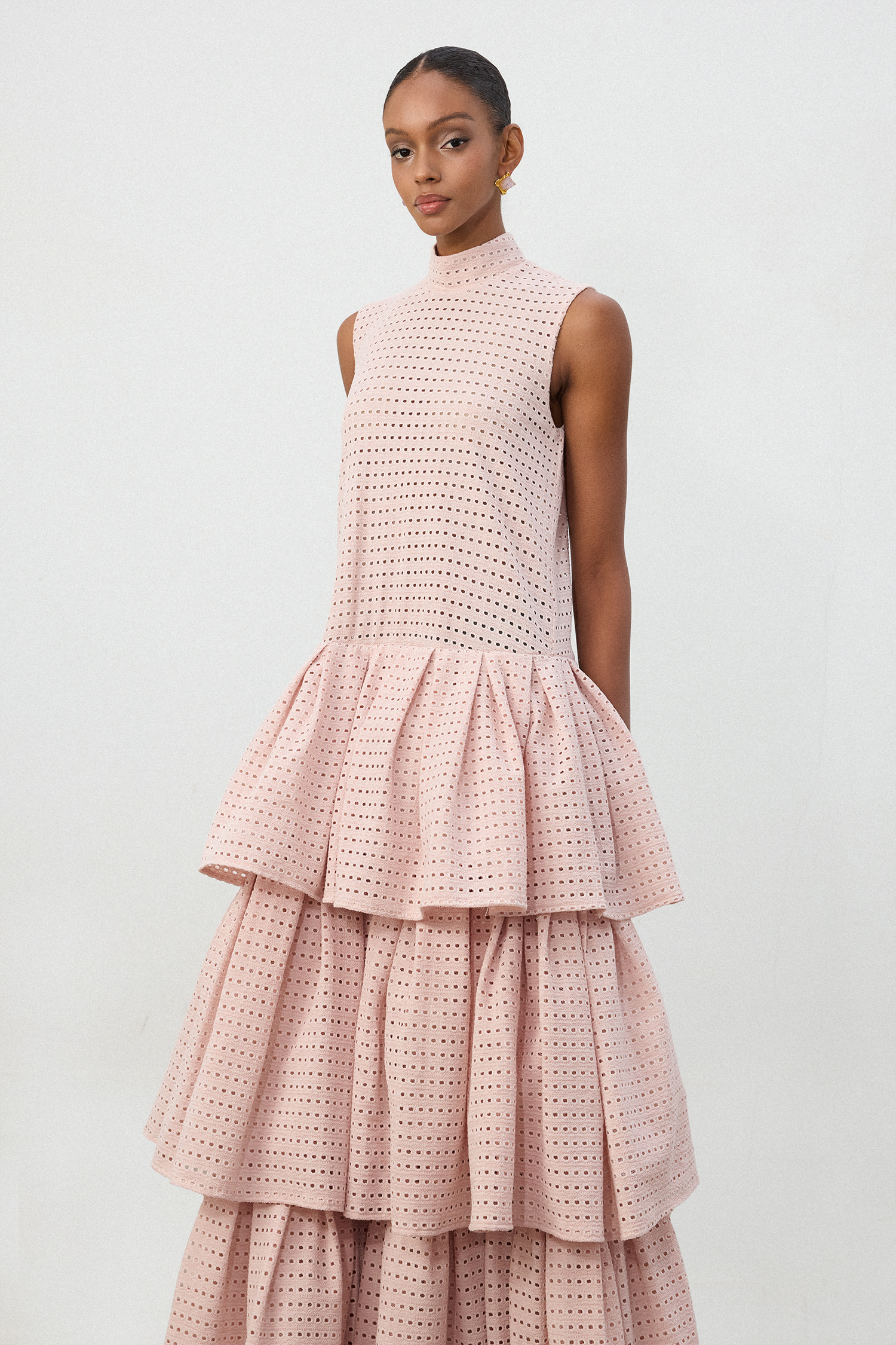 Blush Pink Grid Lace Tiered Ruffle Gown