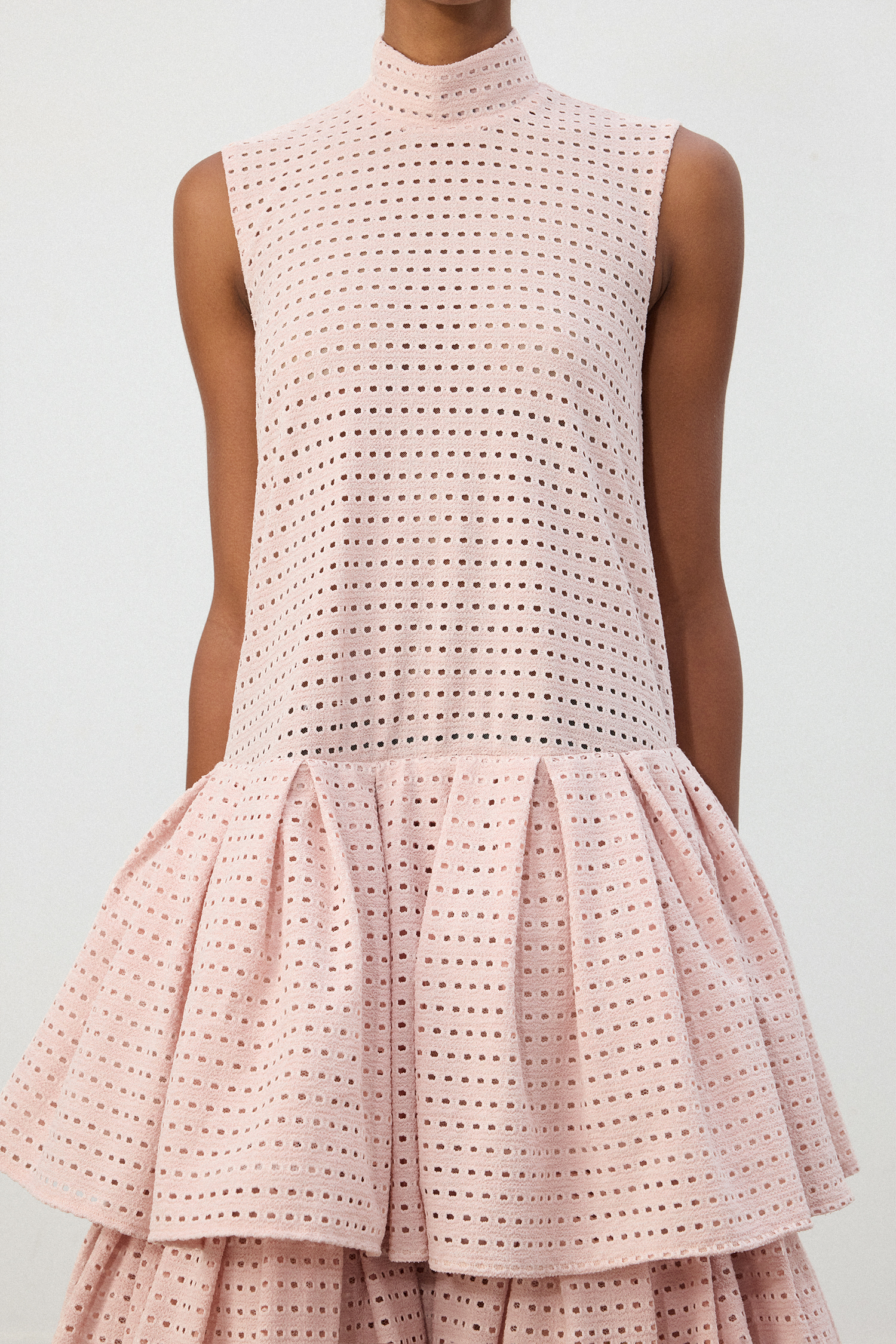 Blush Pink Grid Lace Tiered Ruffle Gown