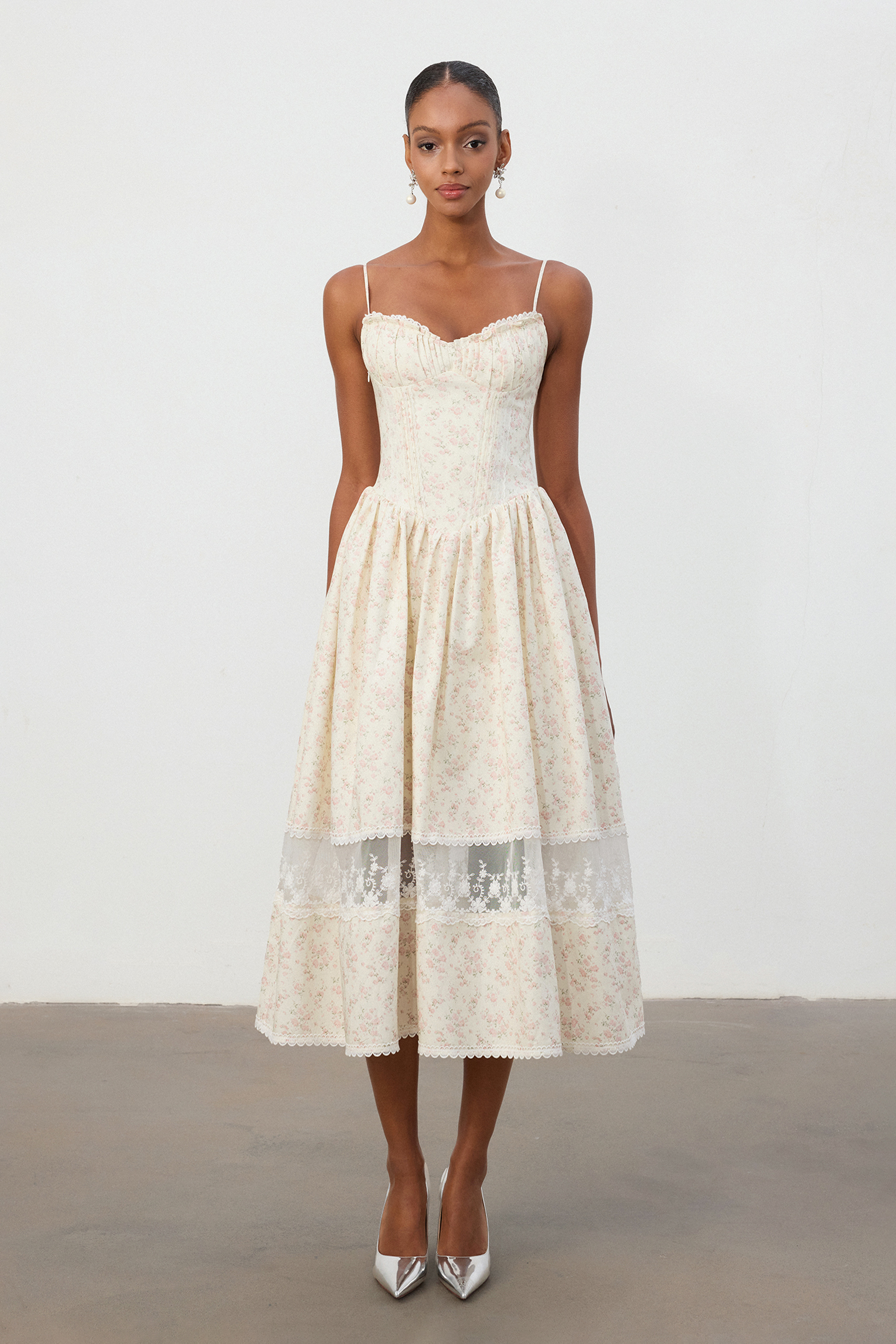Ivory Floral Jacquard Lace Hem Midi Dress