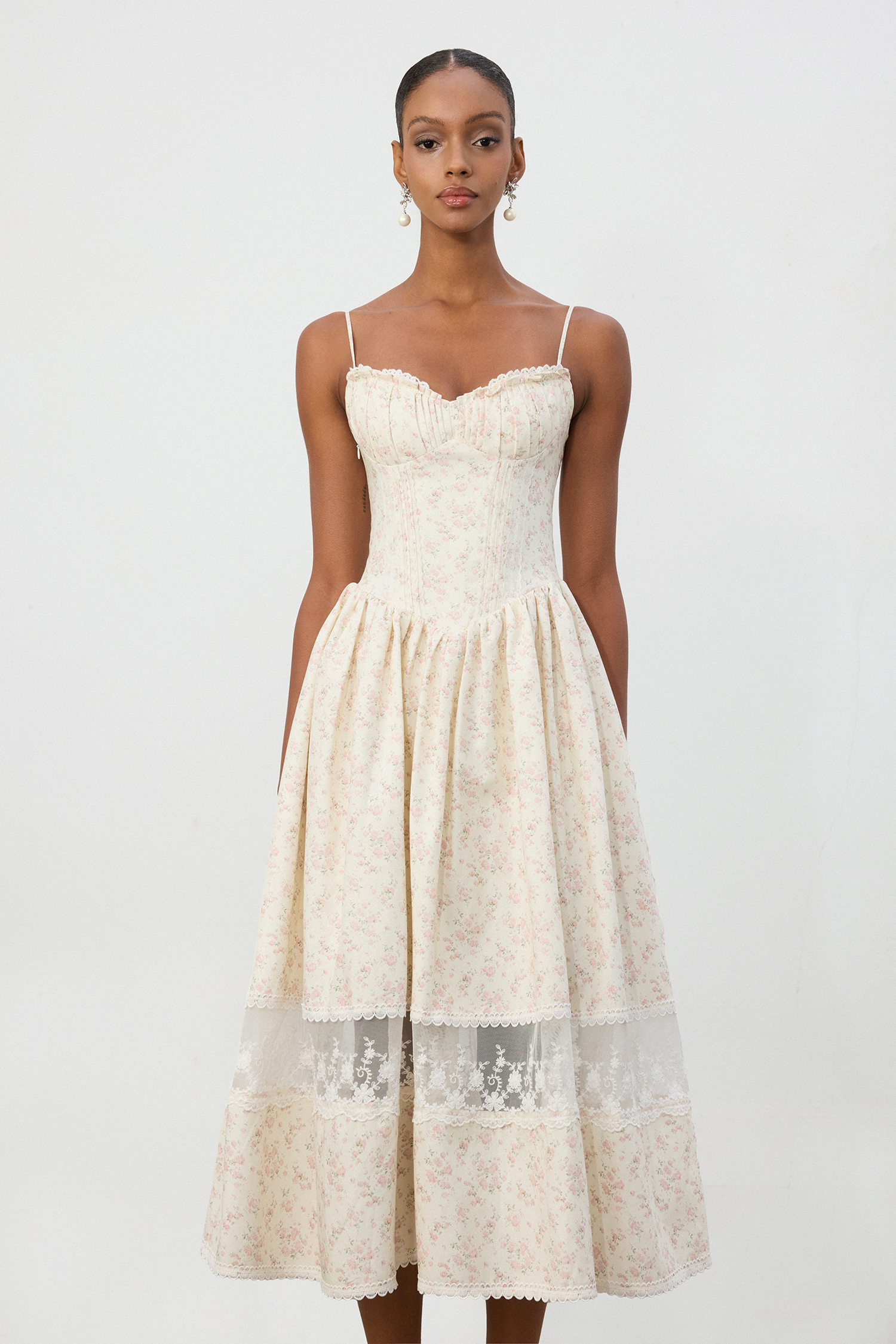 Ivory Floral Jacquard Lace Hem Midi Dress