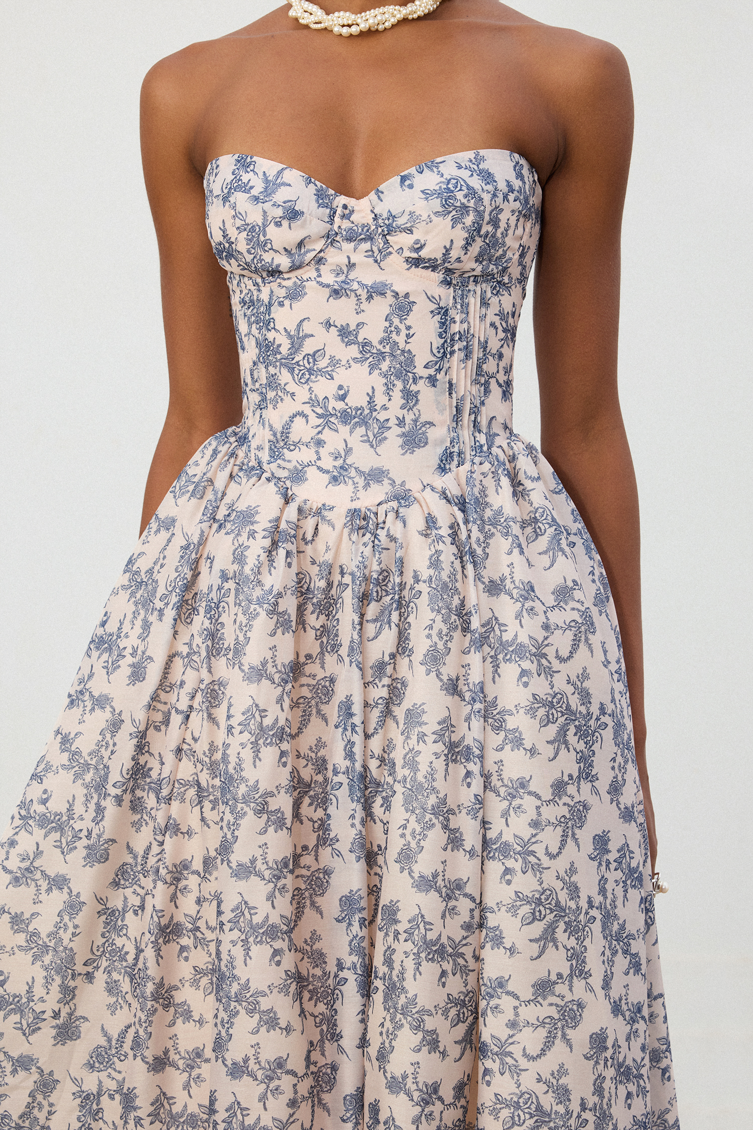 Blue Floral Strapless Sweetheart Midi Dress