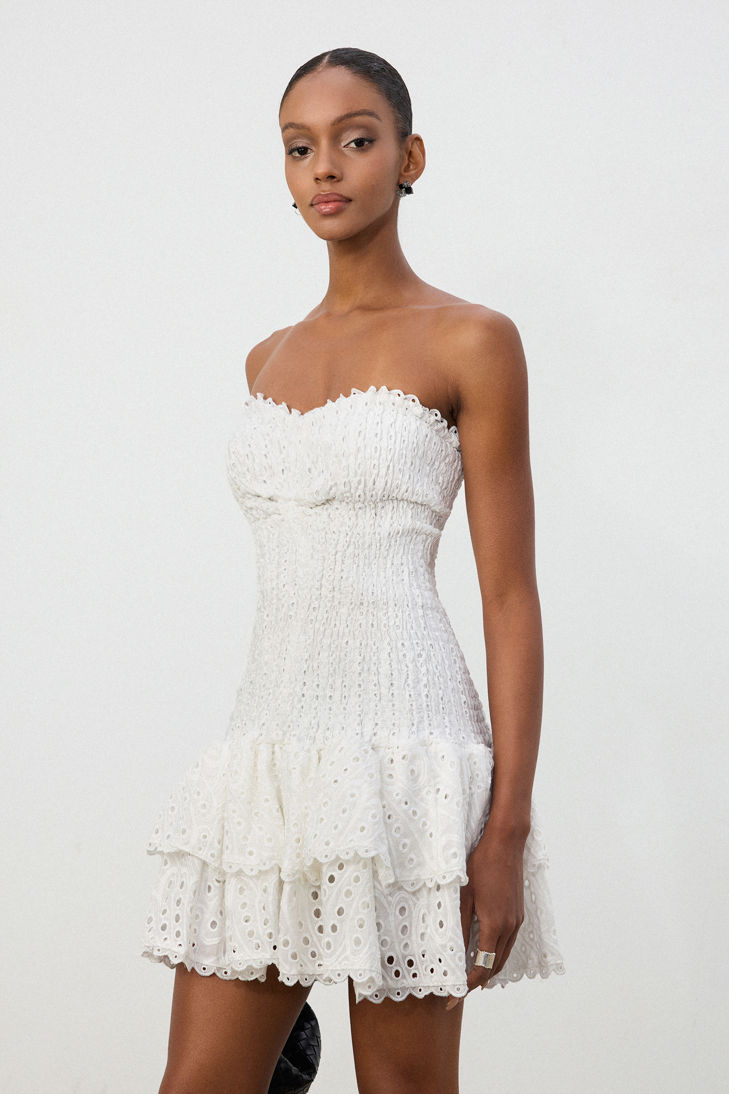 White Eyelet Lace Strapless Tiered Mini Dress