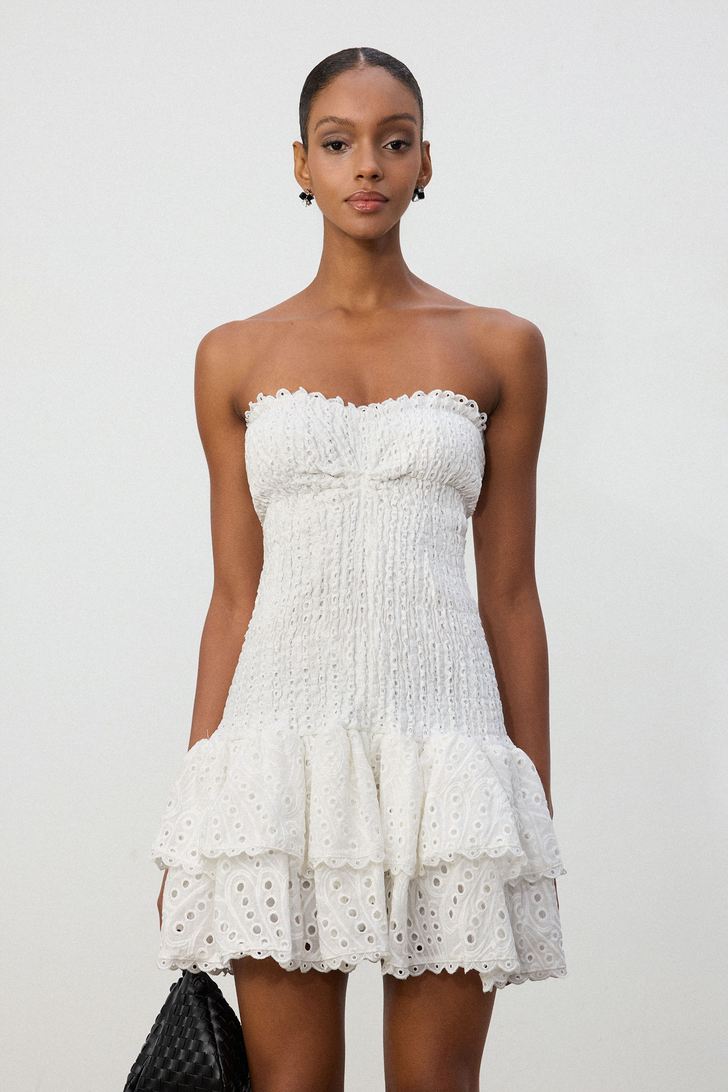 White Eyelet Lace Strapless Tiered Mini Dress