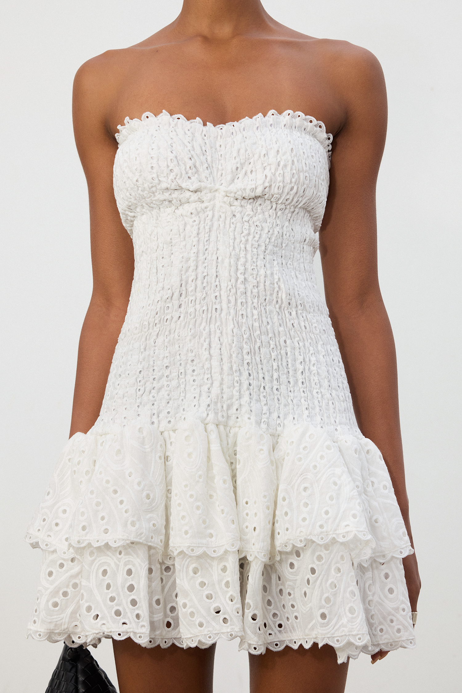 White Eyelet Lace Strapless Tiered Mini Dress