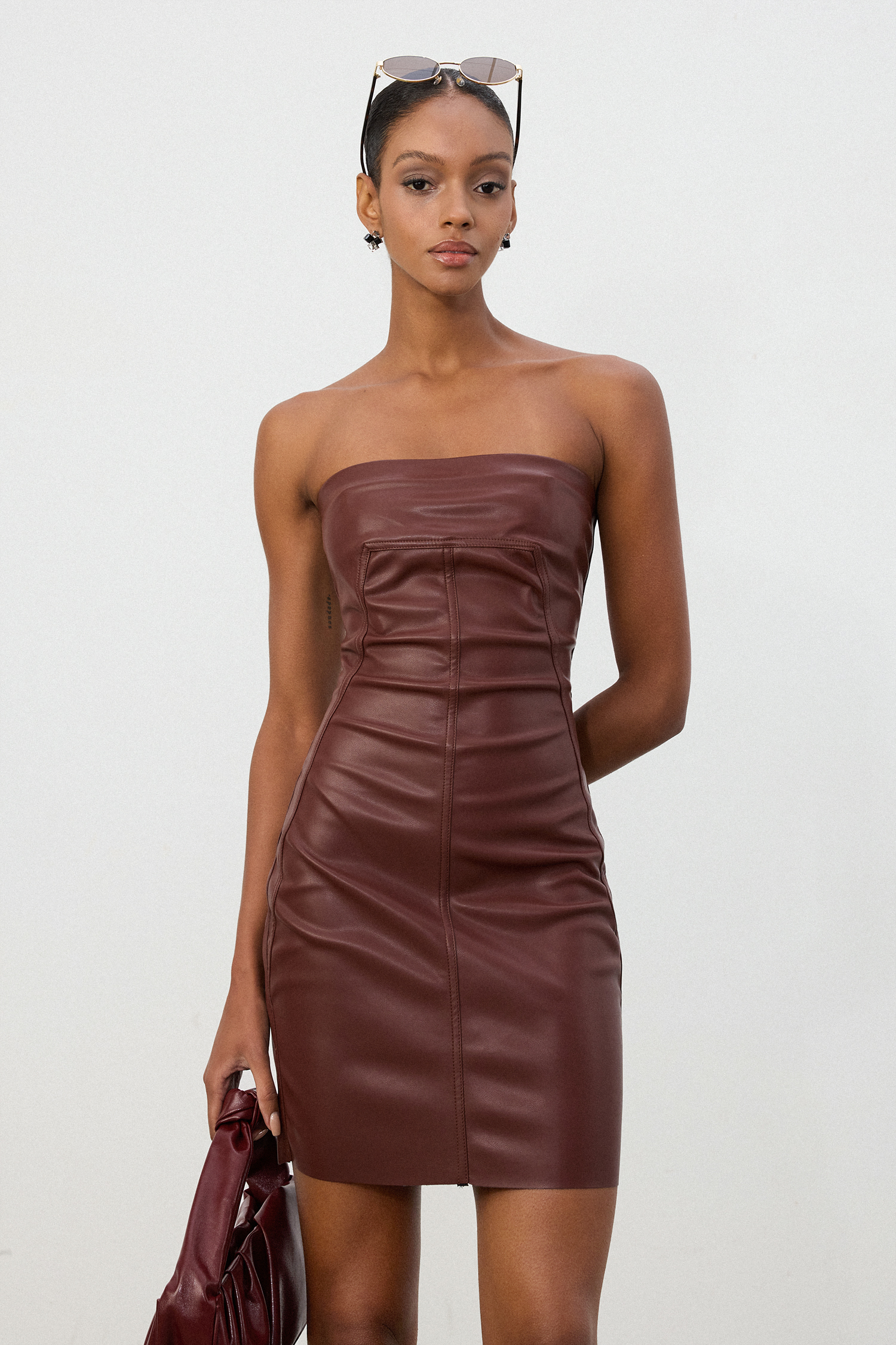 Chestnut Brown Faux Leather Strapless Mini Dress