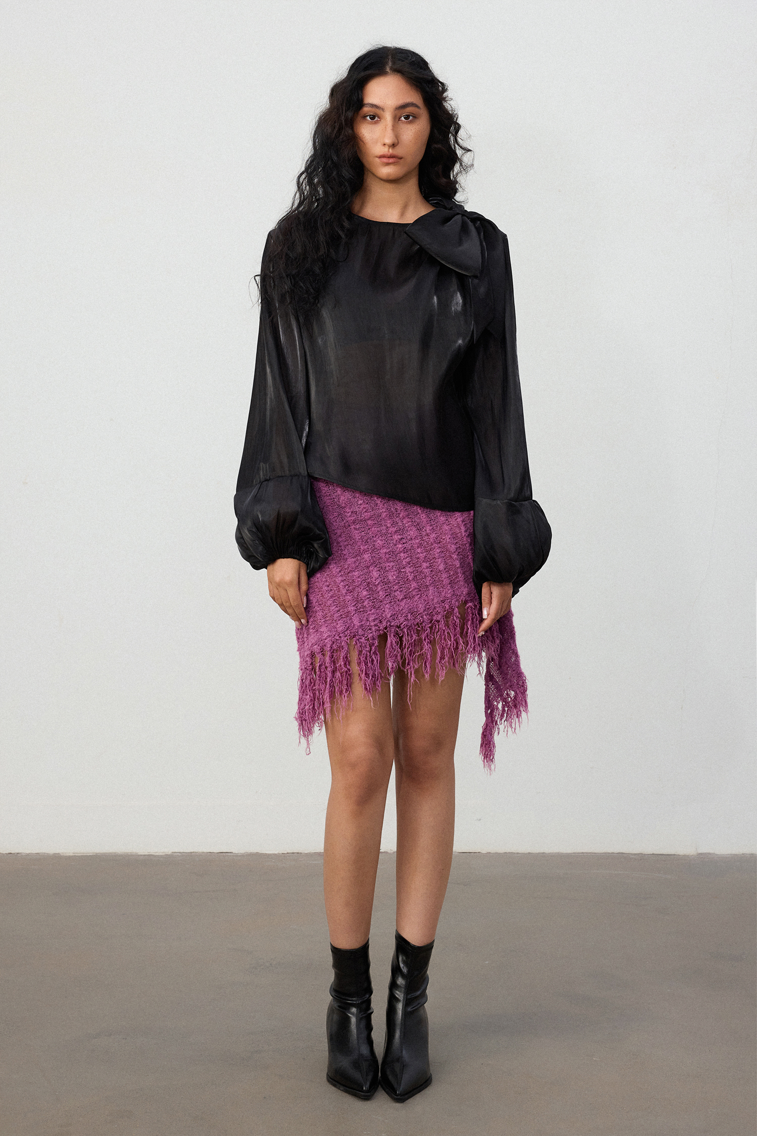 Black Satin Oversized Bow Blouse