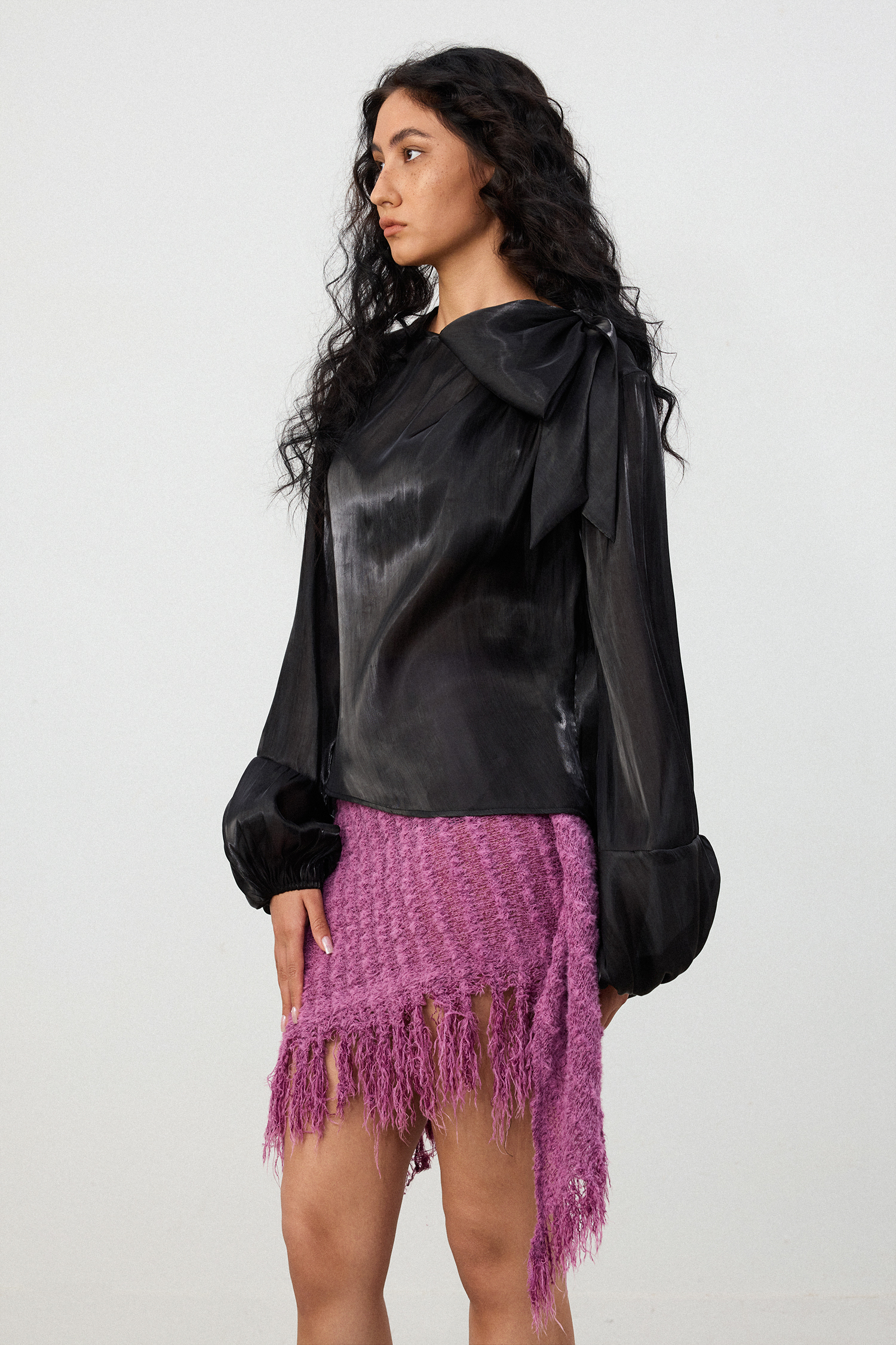 Black Satin Oversized Bow Blouse