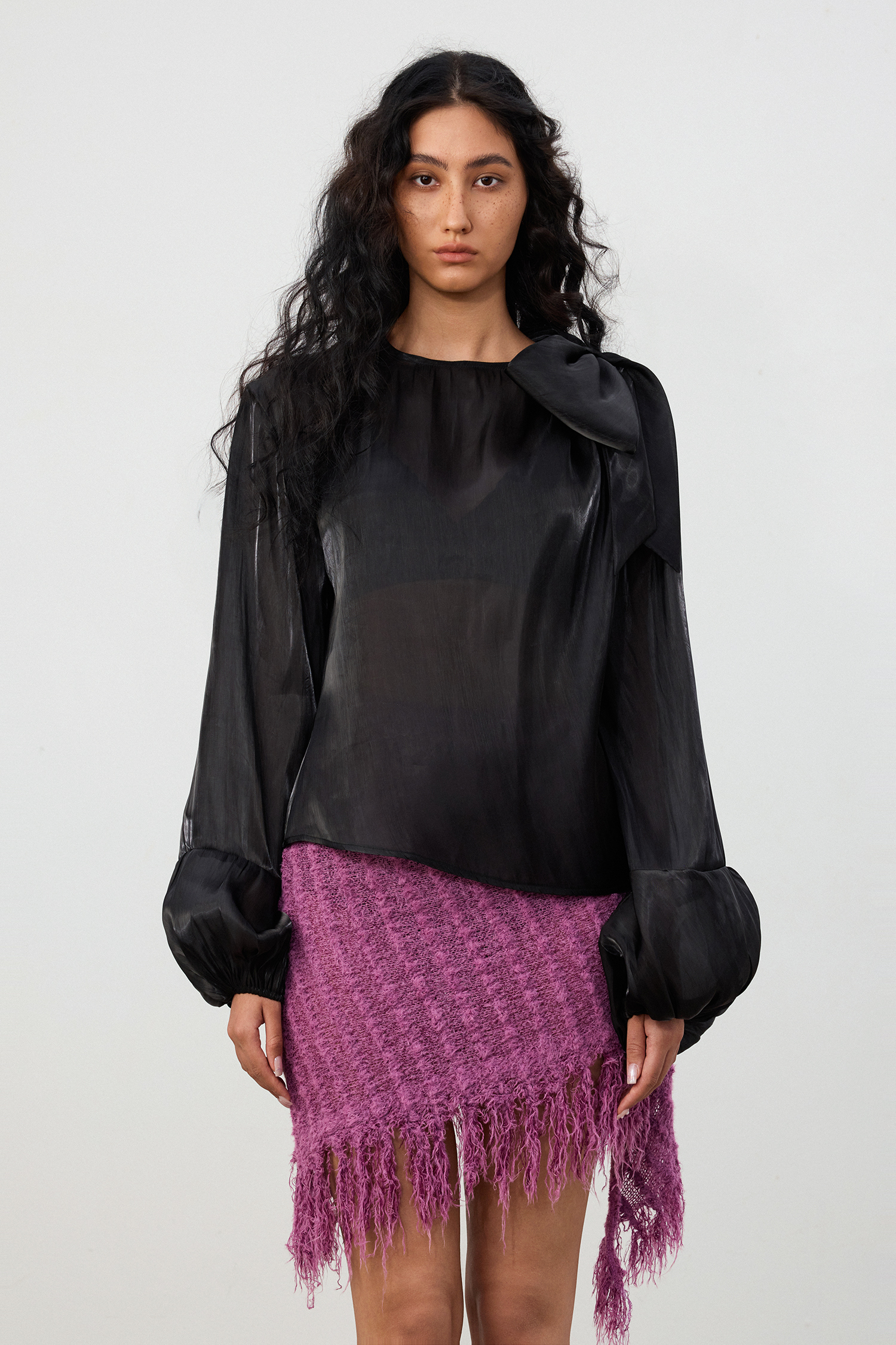 Black Satin Oversized Bow Blouse