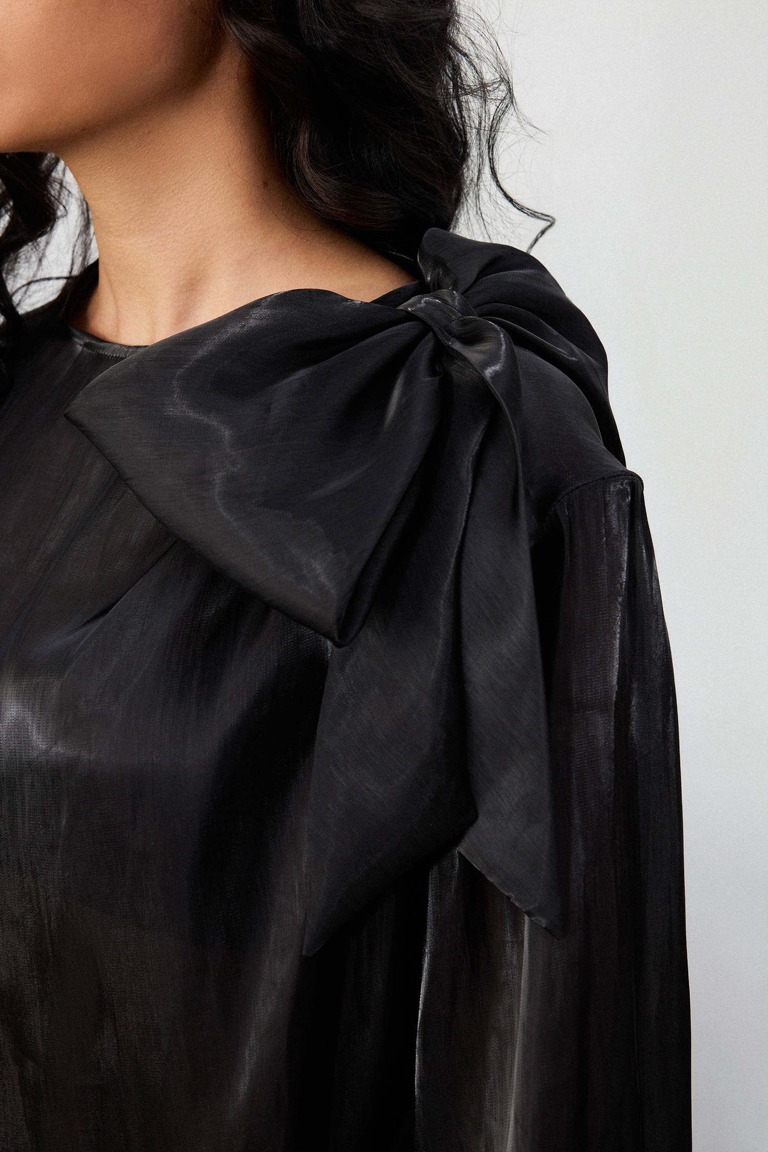 Black Satin Oversized Bow Blouse