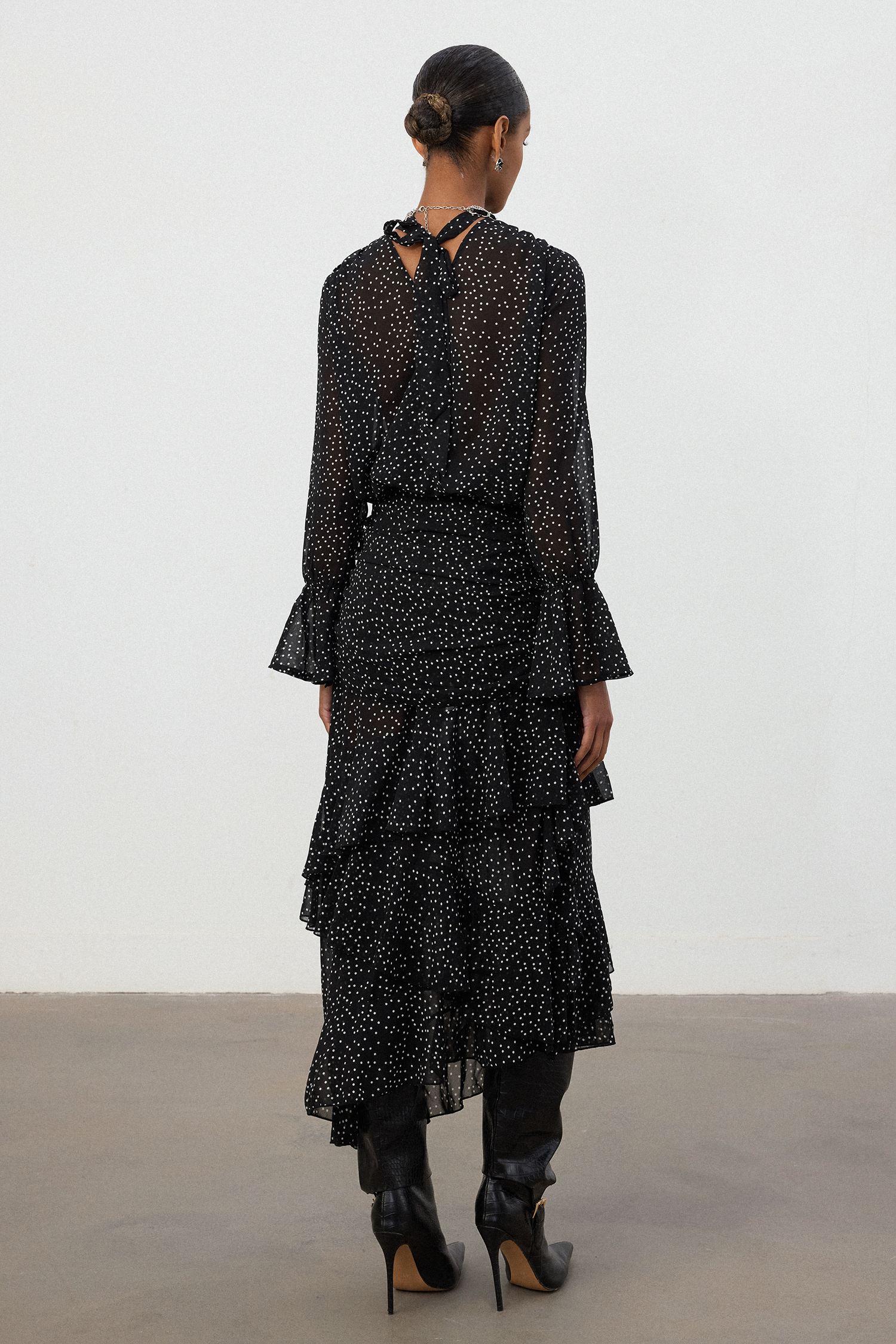 Black Polka Dot Sheer Tiered Ruffle Midi Skirt