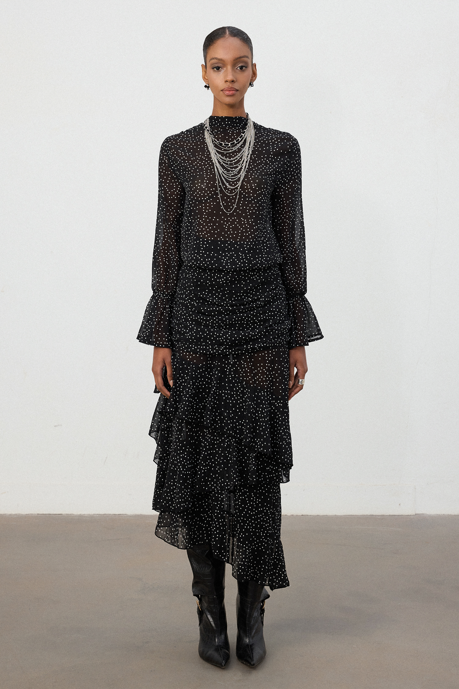 Black Polka Dot Sheer Tiered Ruffle Midi Skirt