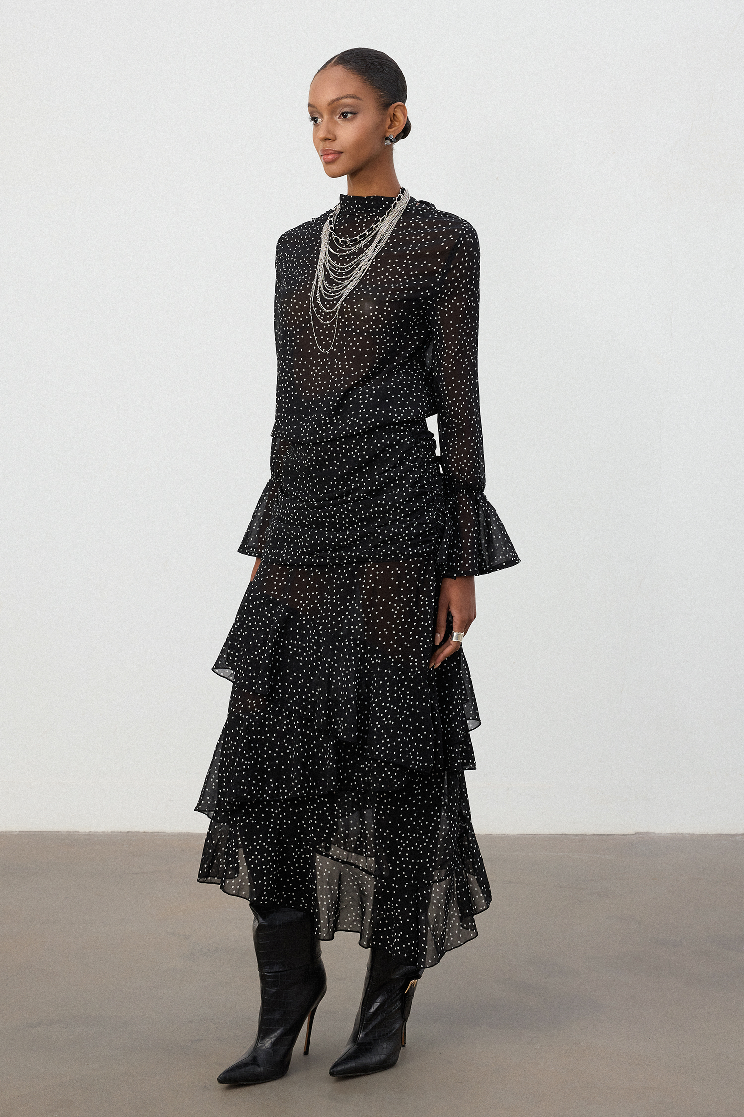 Black Polka Dot Sheer Tiered Ruffle Midi Skirt