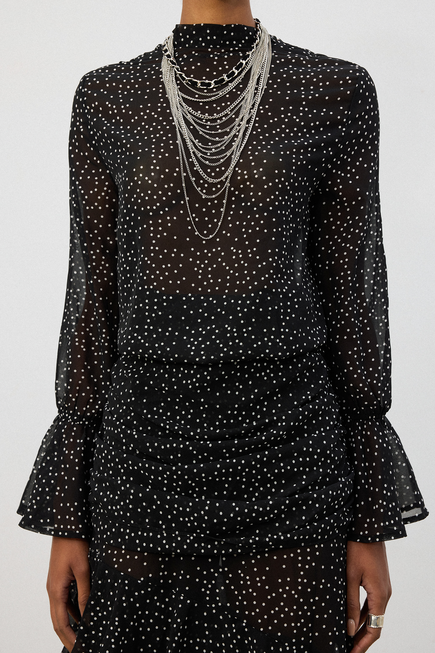 Black Polka Dot Sheer Tiered Ruffle Midi Skirt