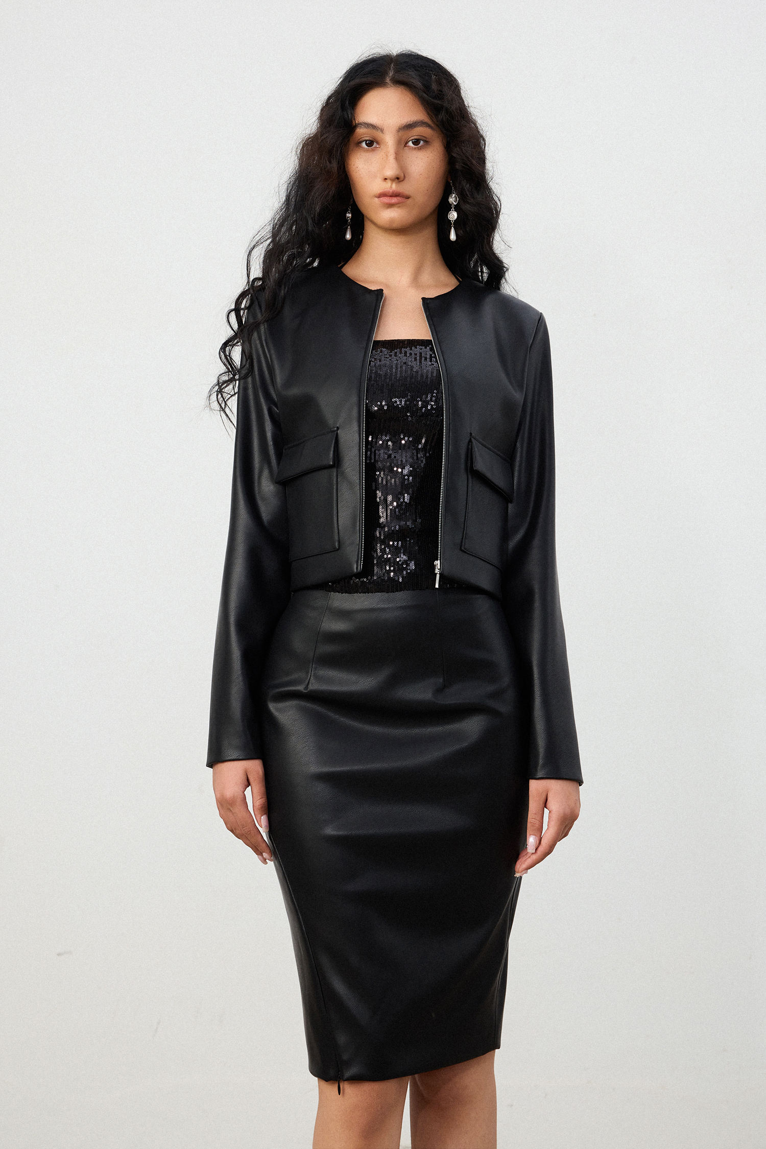 Black Faux Leather Cropped Jacket & Pencil Skirt Set