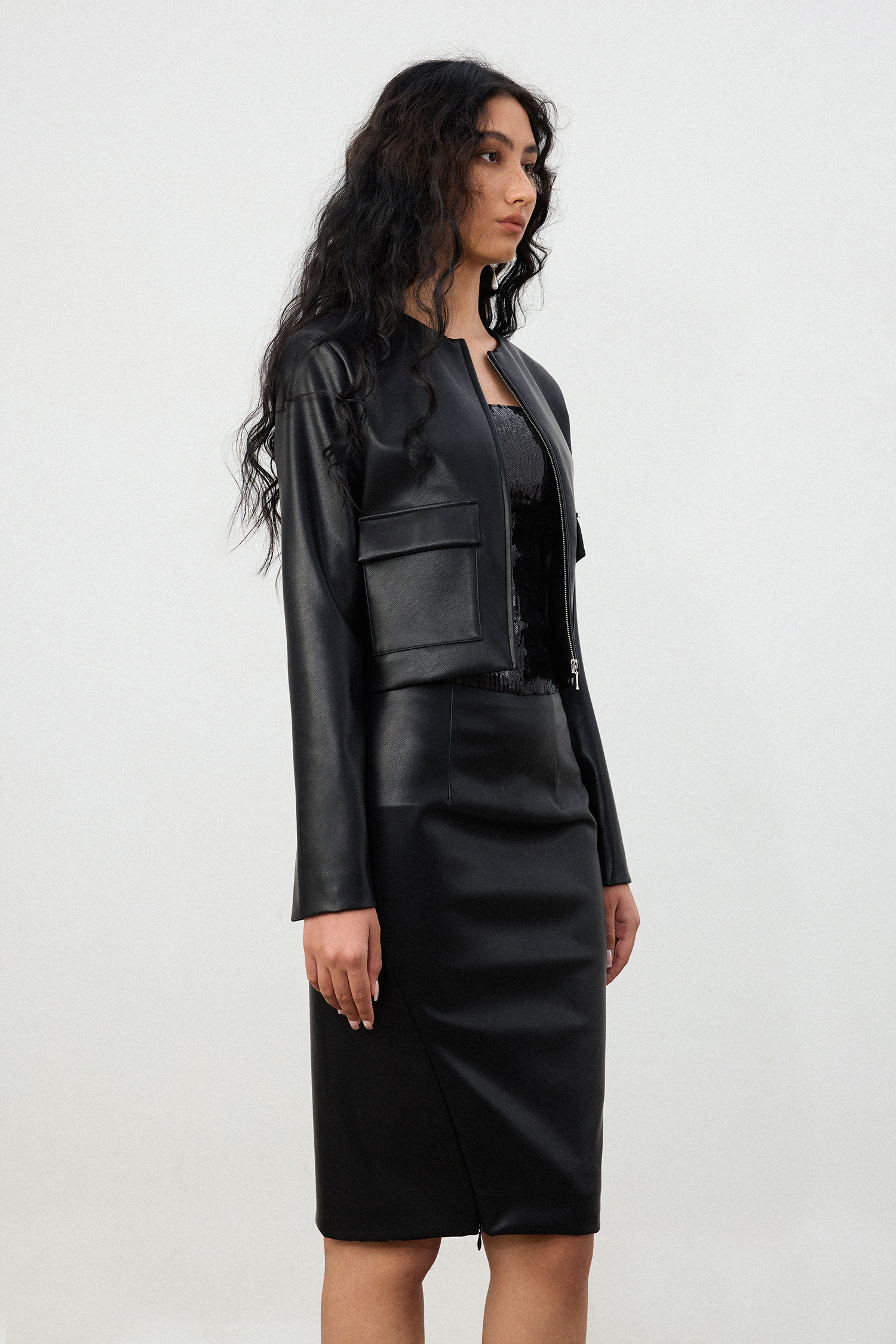 Black Faux Leather Cropped Jacket & Pencil Skirt Set