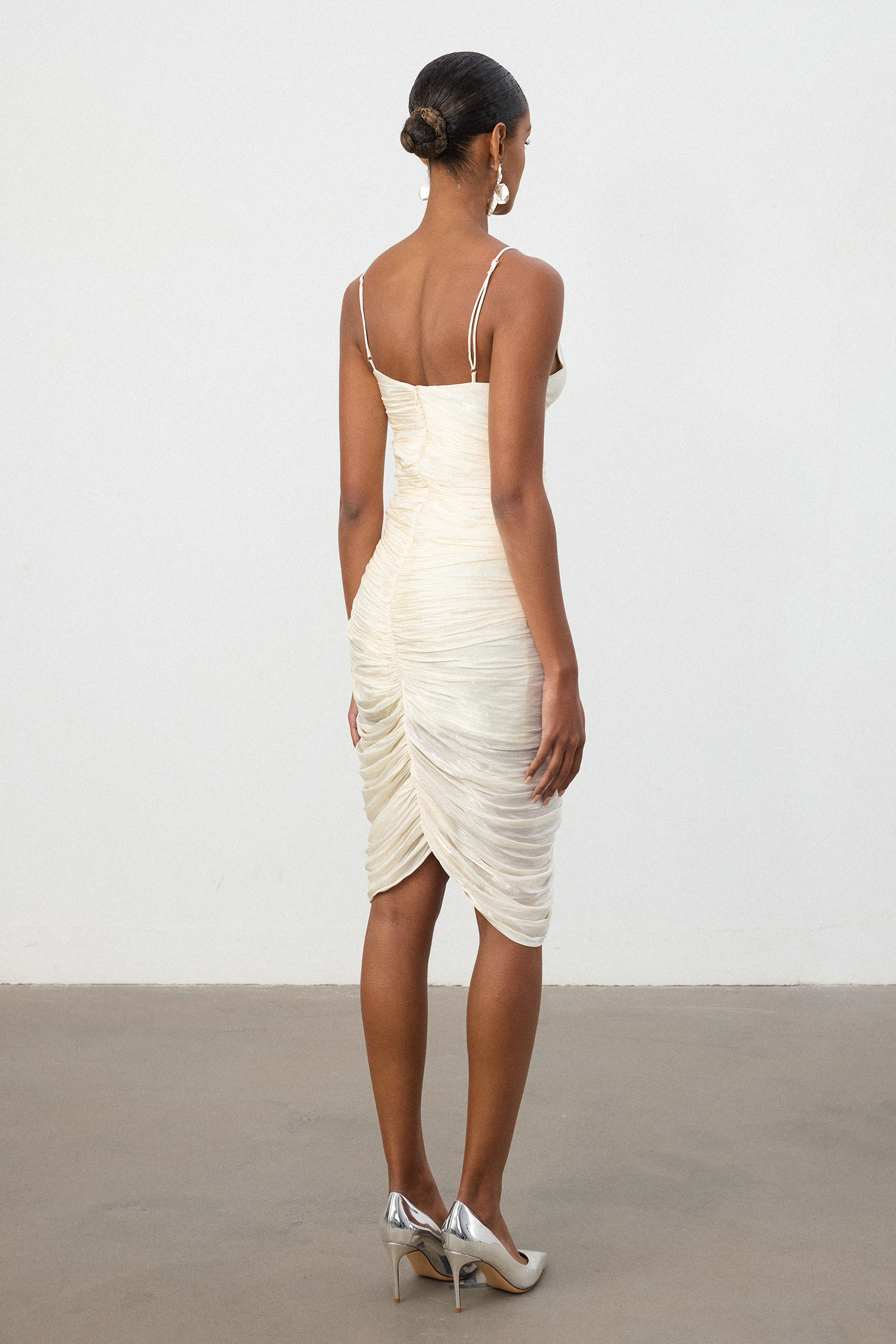 Ivory Ruched One-Shoulder Asymmetric Midi Dress