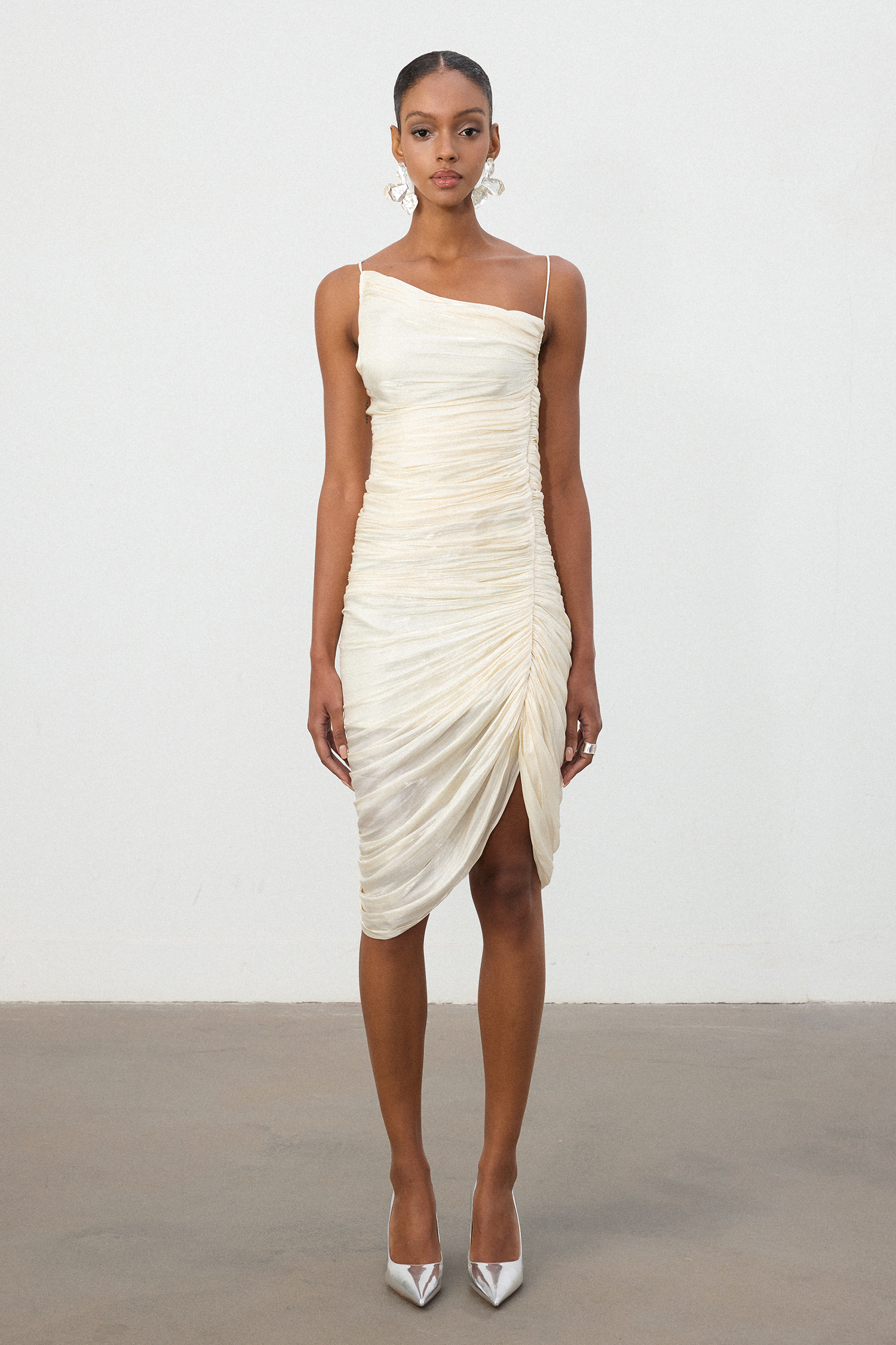 Ivory Ruched One-Shoulder Asymmetric Midi Dress