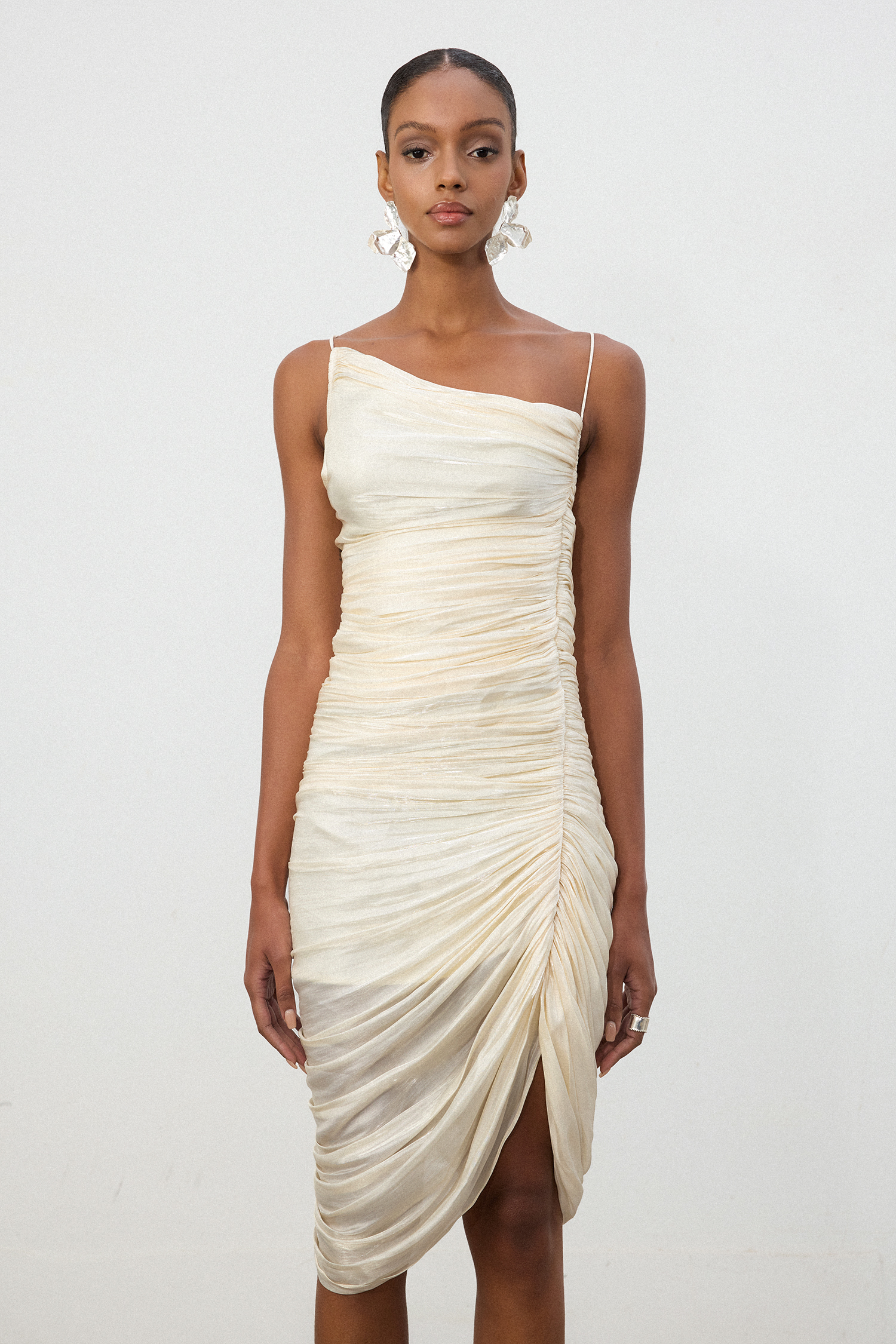 Ivory Ruched One-Shoulder Asymmetric Midi Dress