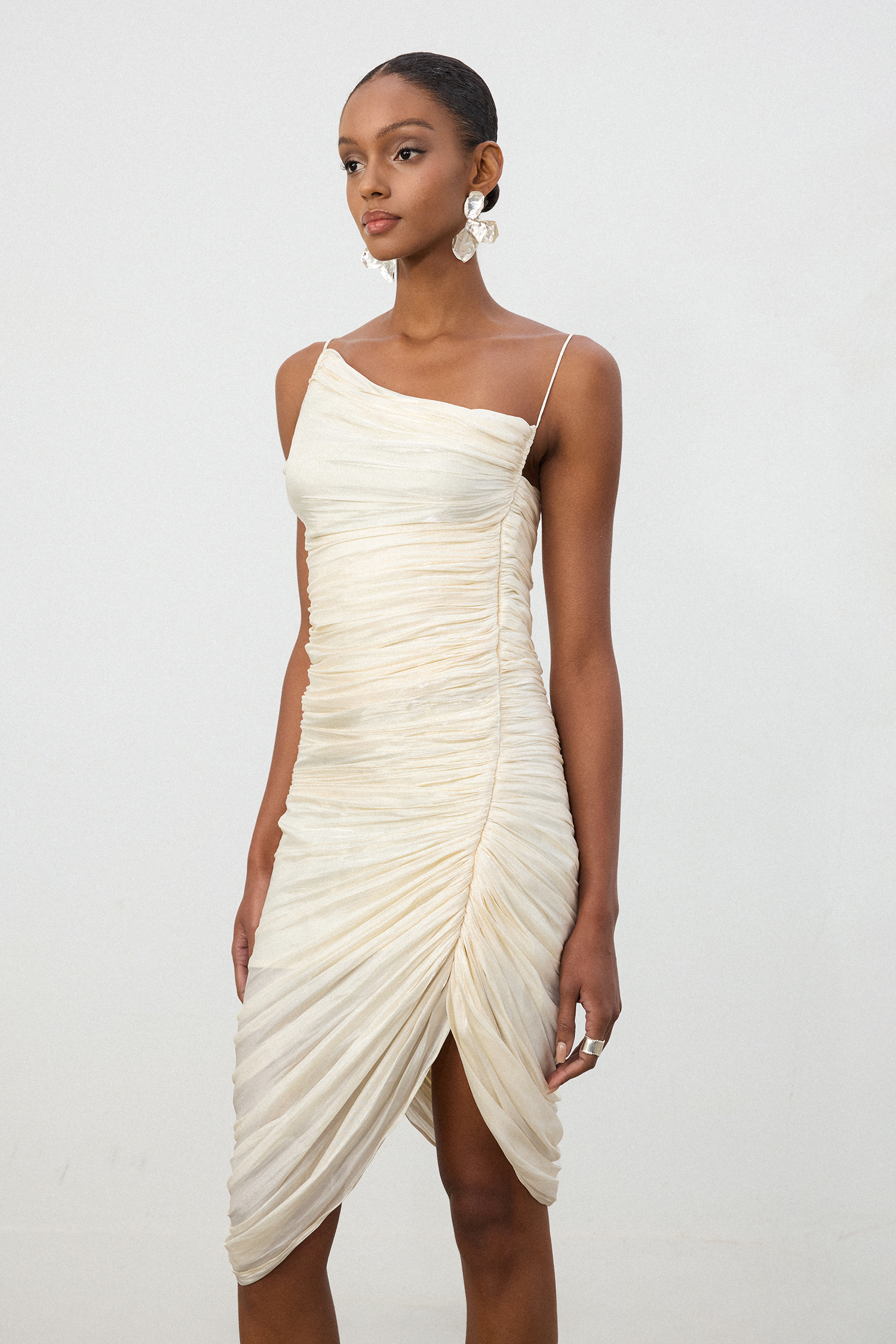 Ivory Ruched One-Shoulder Asymmetric Midi Dress