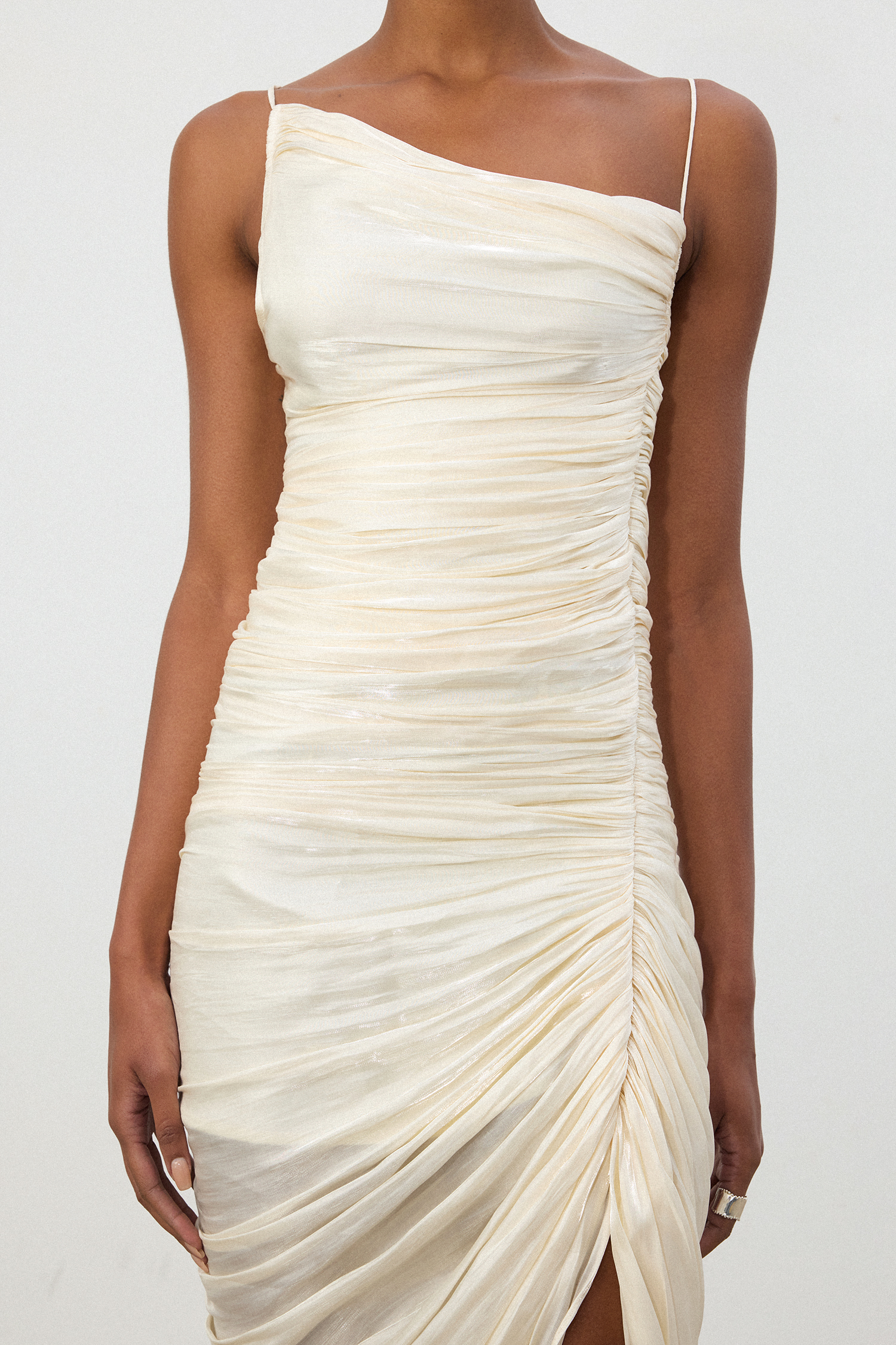 Ivory Ruched One-Shoulder Asymmetric Midi Dress