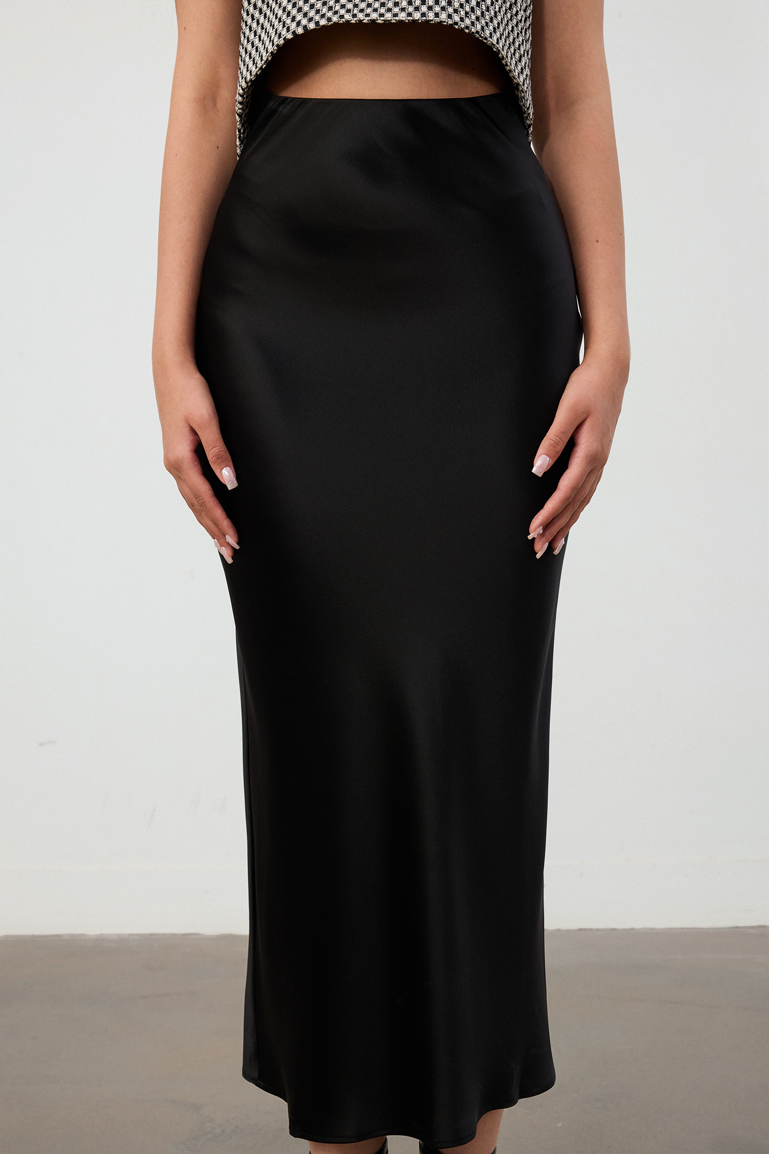 Black Satin Bias-Cut Maxi Skirt