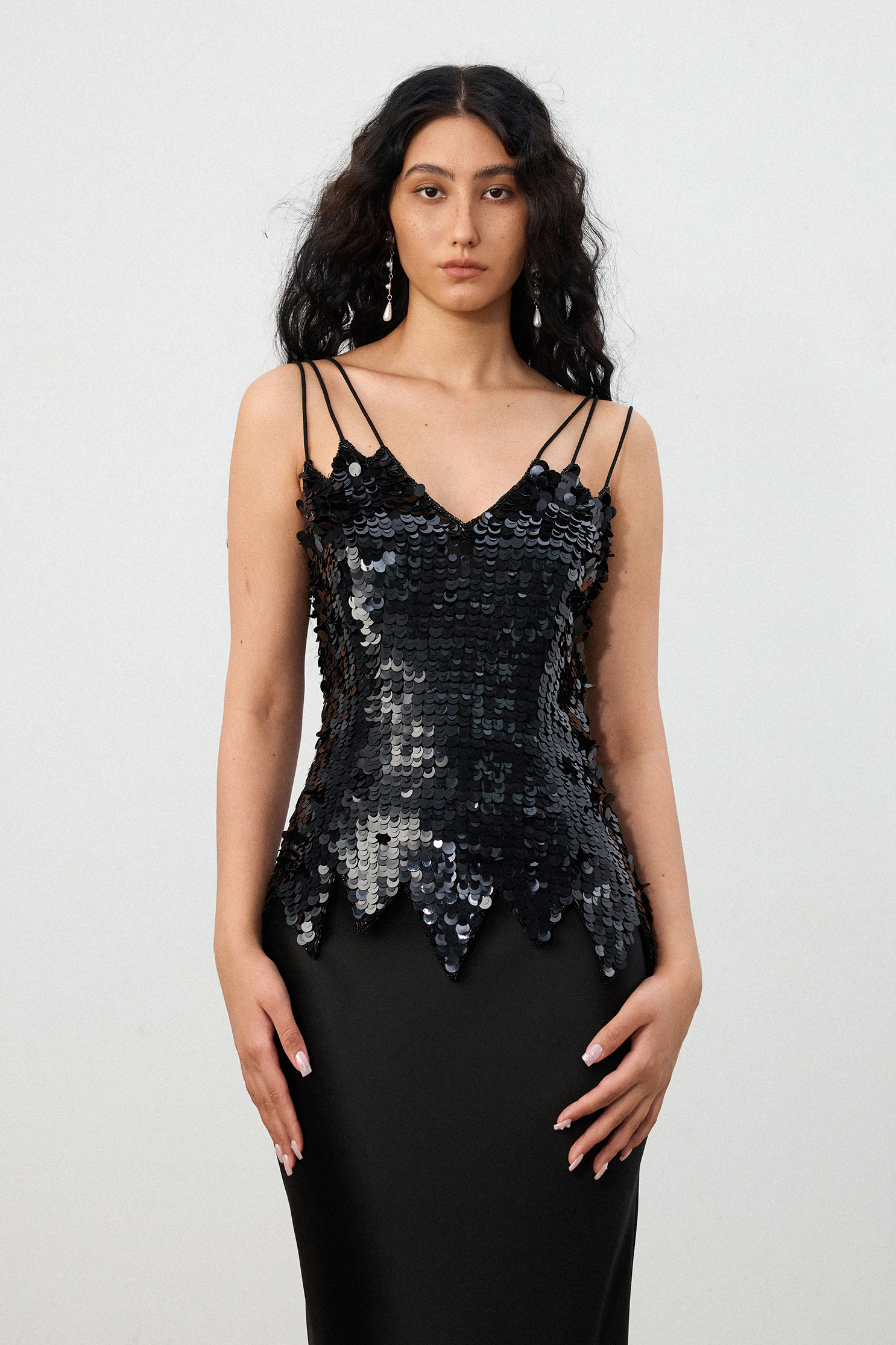 Black Sequin V-neck Jagged Hem Top