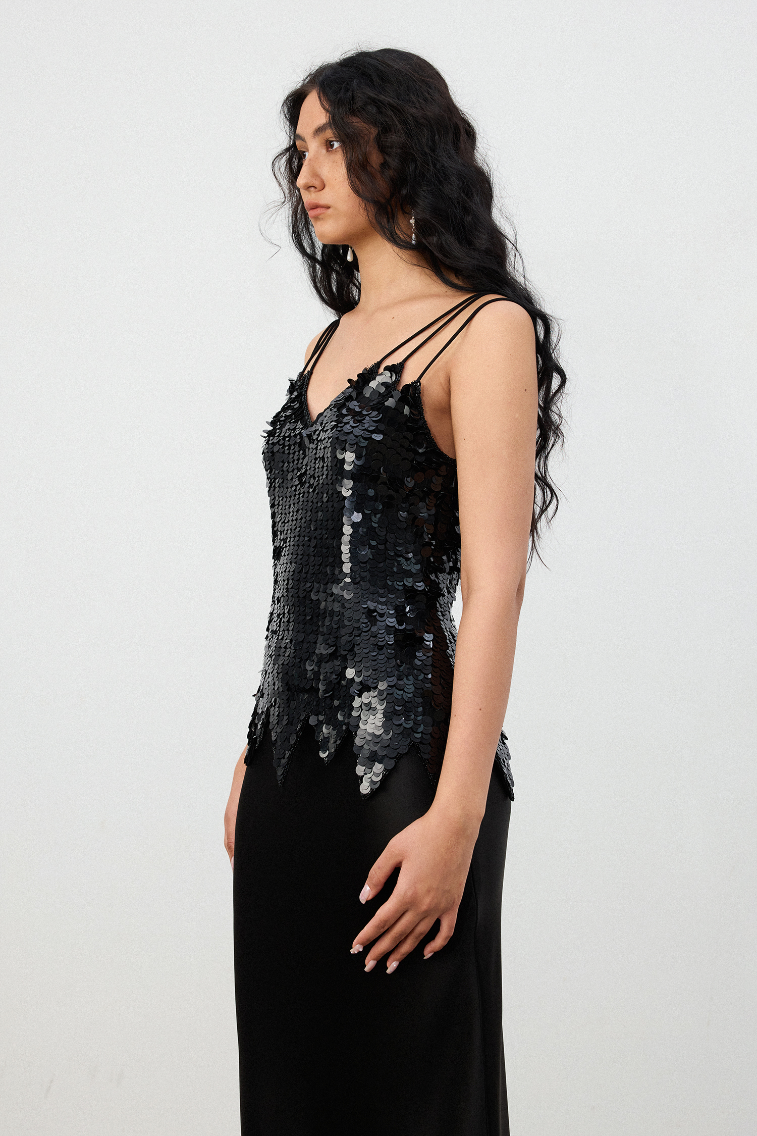 Black Sequin V-neck Jagged Hem Top