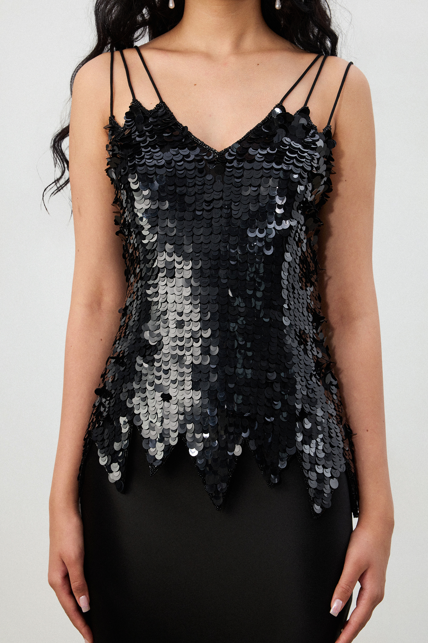 Black Sequin V-neck Jagged Hem Top