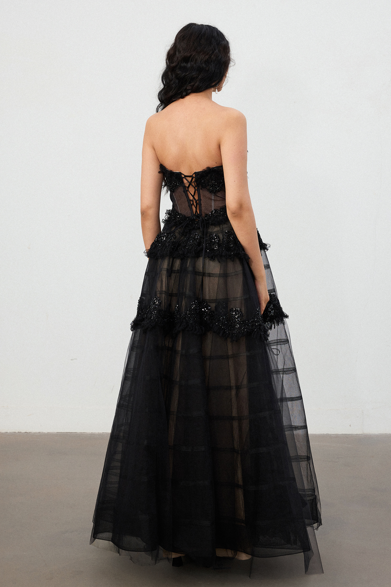 Black 3D Floral Lace & Tulle Tiered Ball Gown
